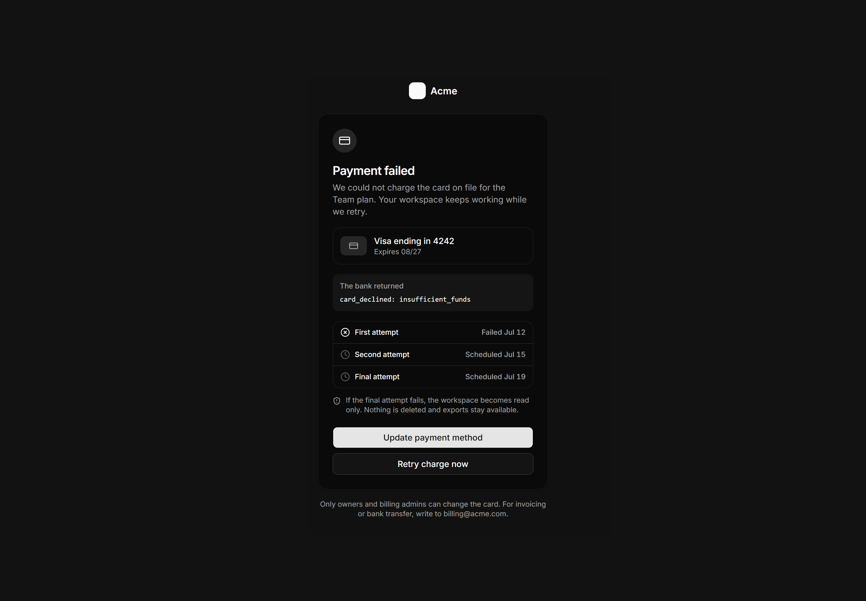 Application Empty State: Payment Failed State