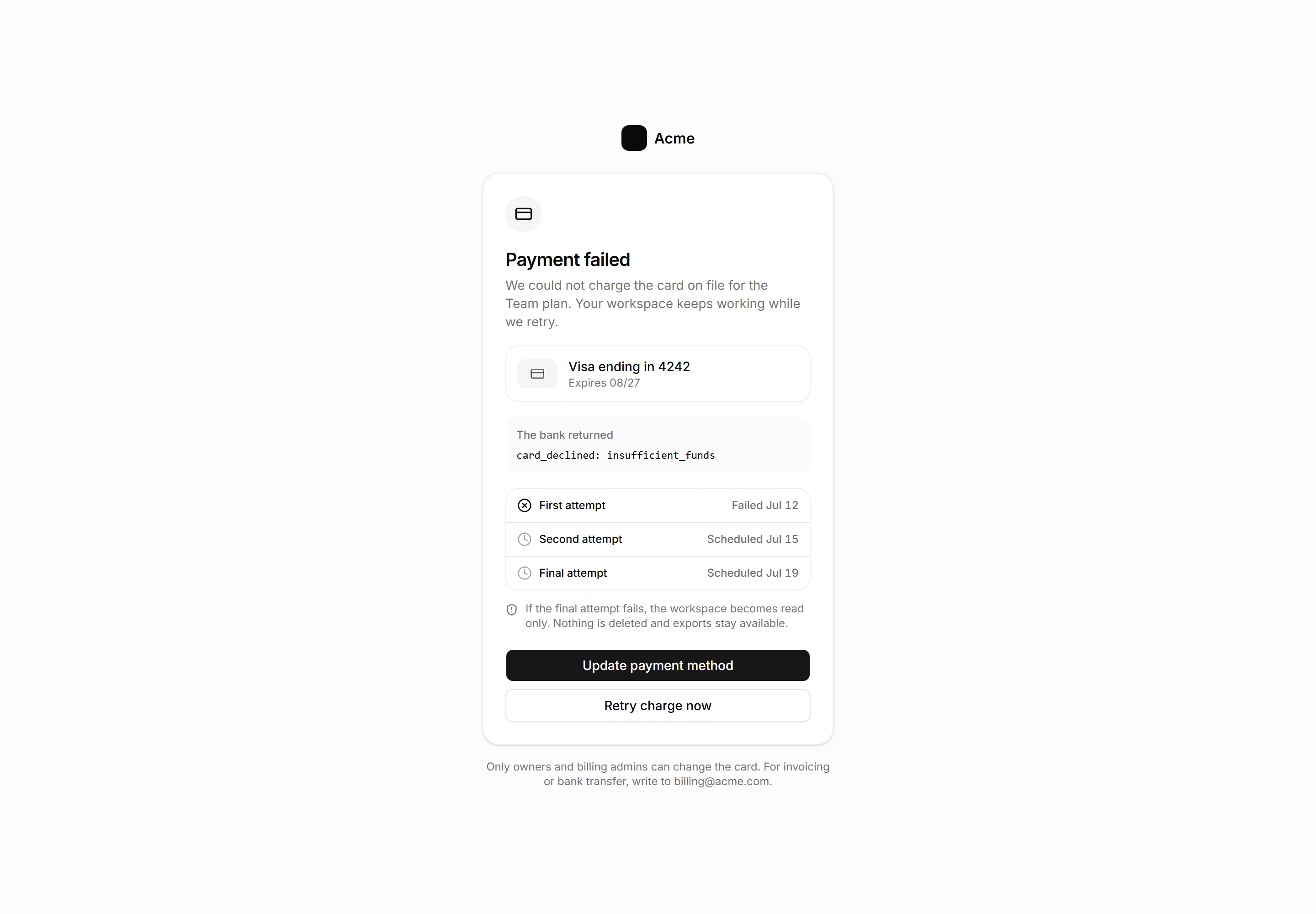Application Empty State: Payment Failed State