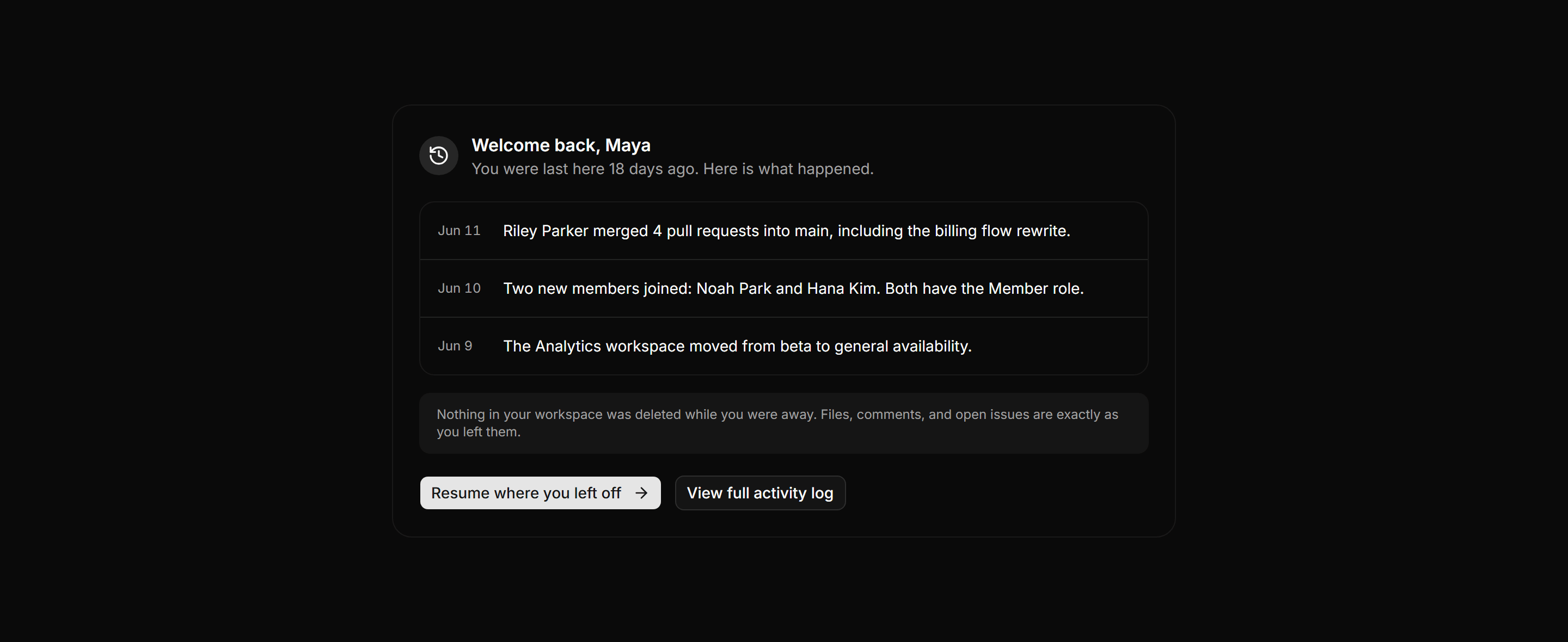 Application Empty State: Welcome Back State