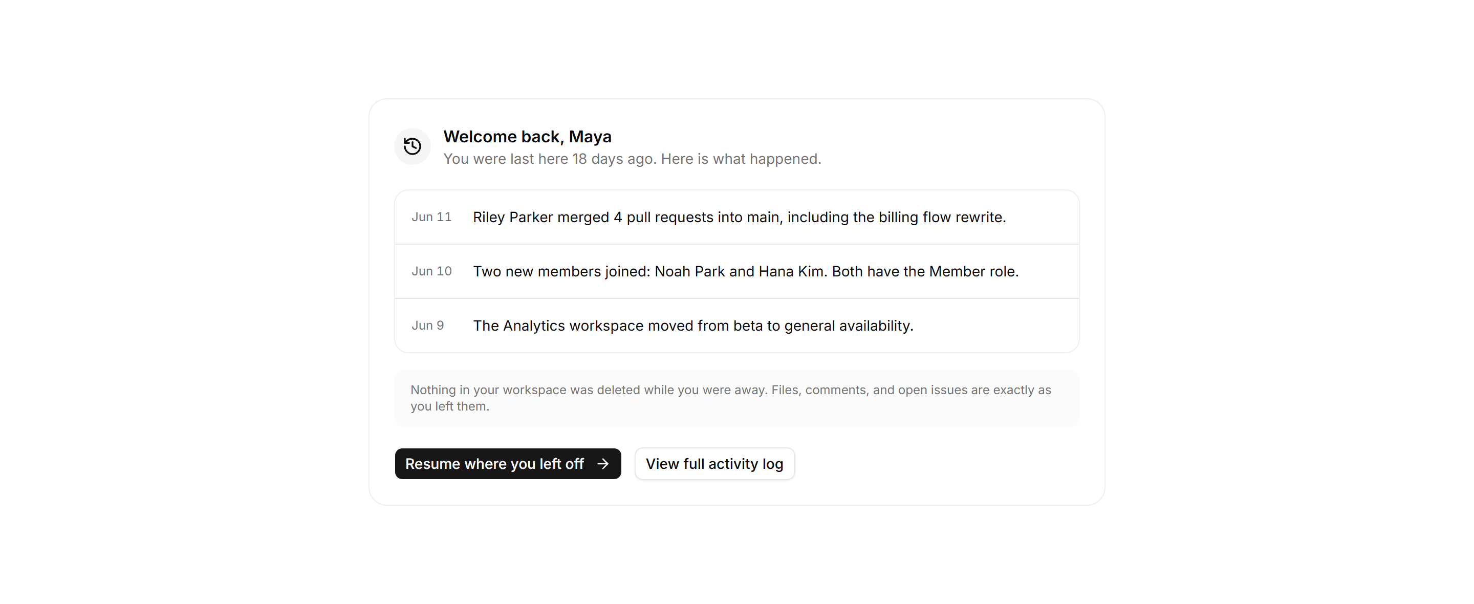 Application Empty State: Welcome Back State