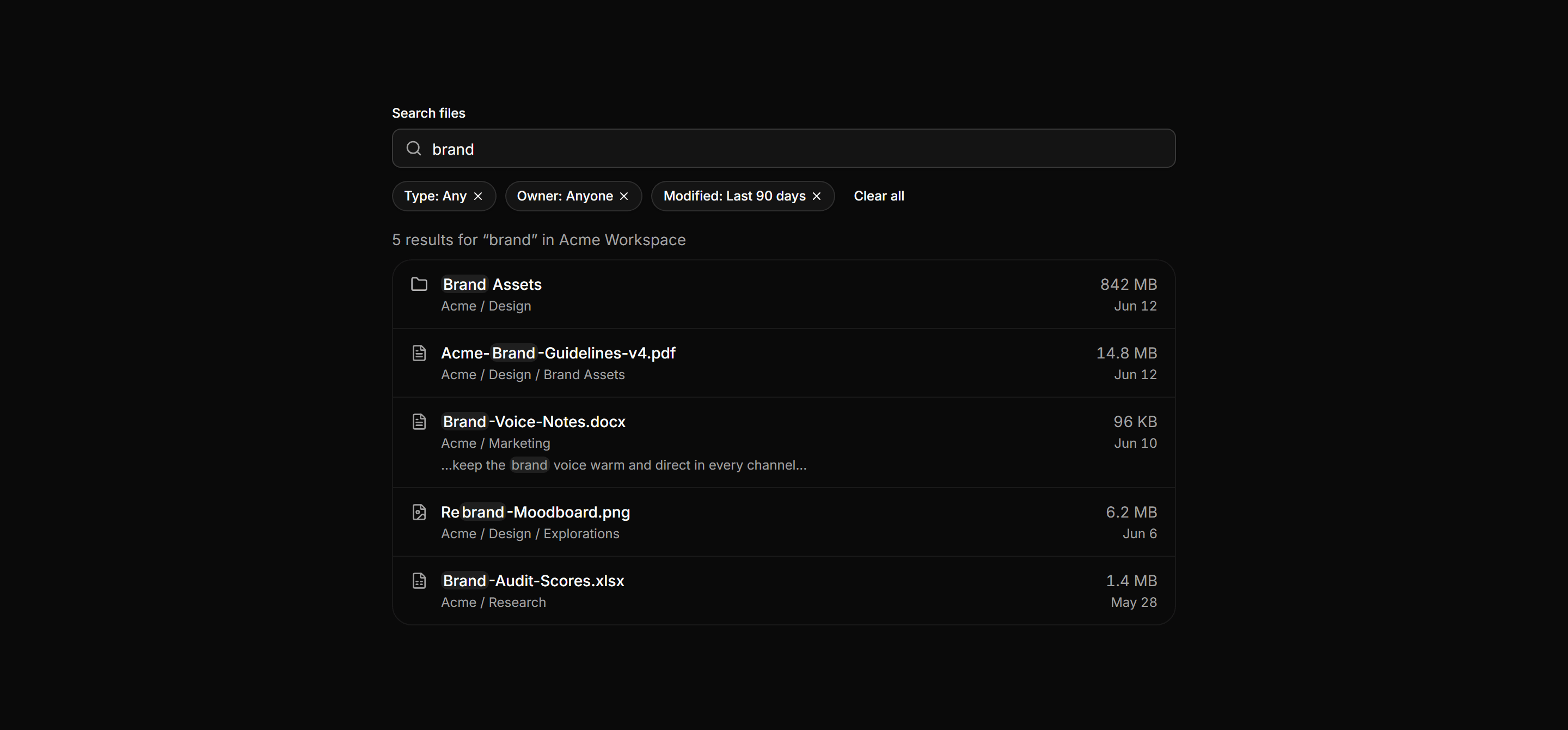 Application File Manager: File Search Results