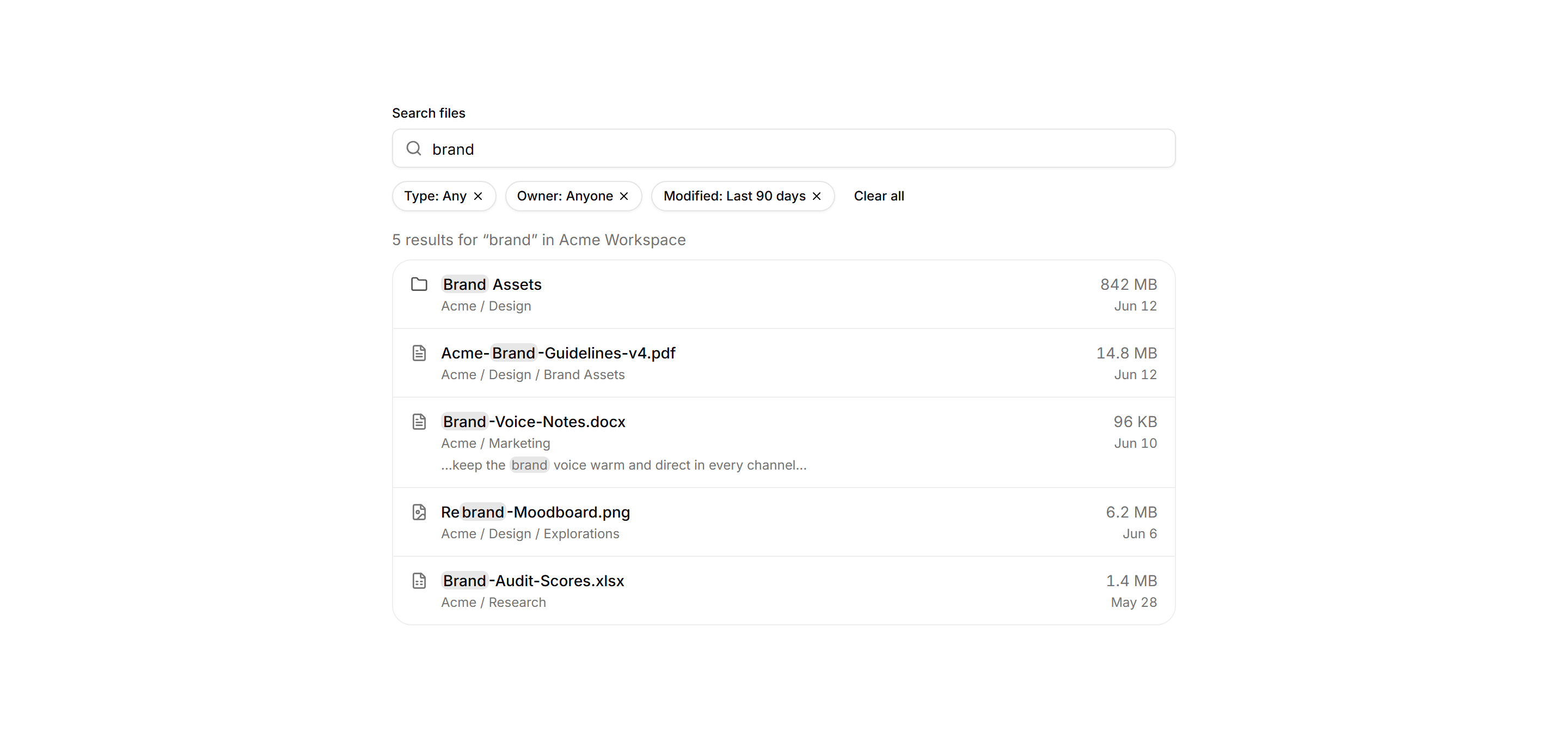 Application File Manager: File Search Results