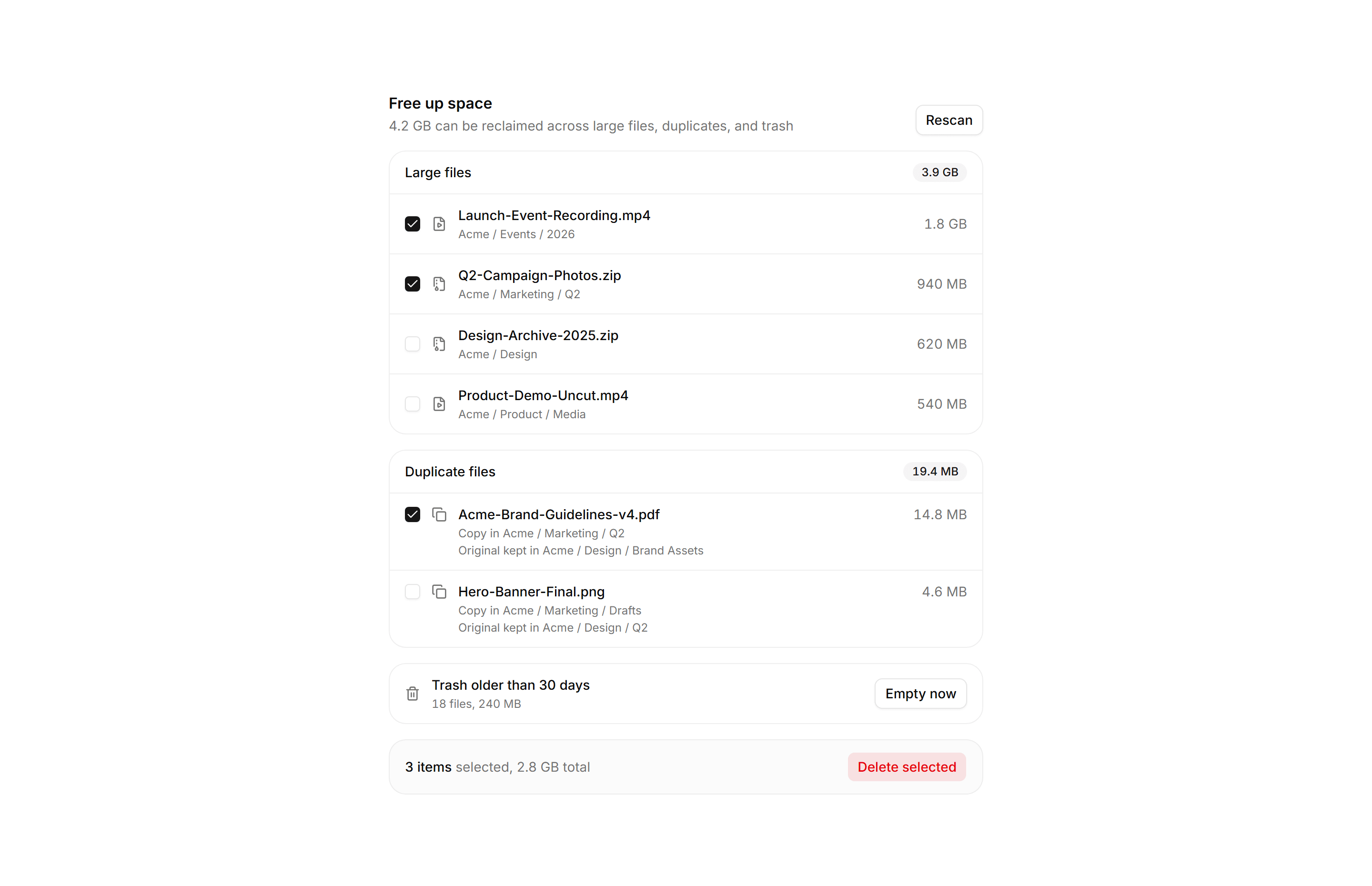 Application File Manager: Storage Cleanup Panel