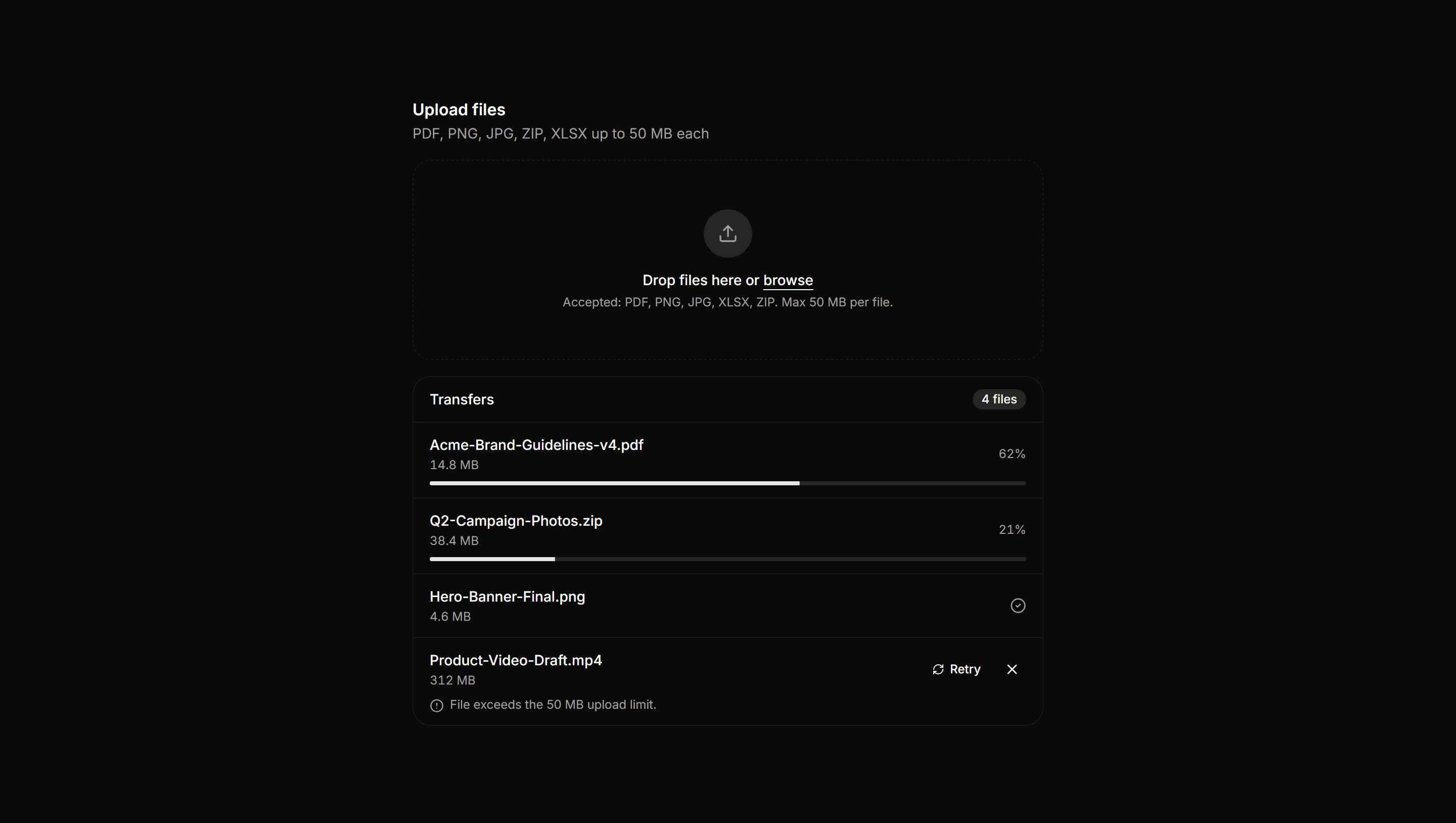 Application File Manager: Upload Dropzone Card