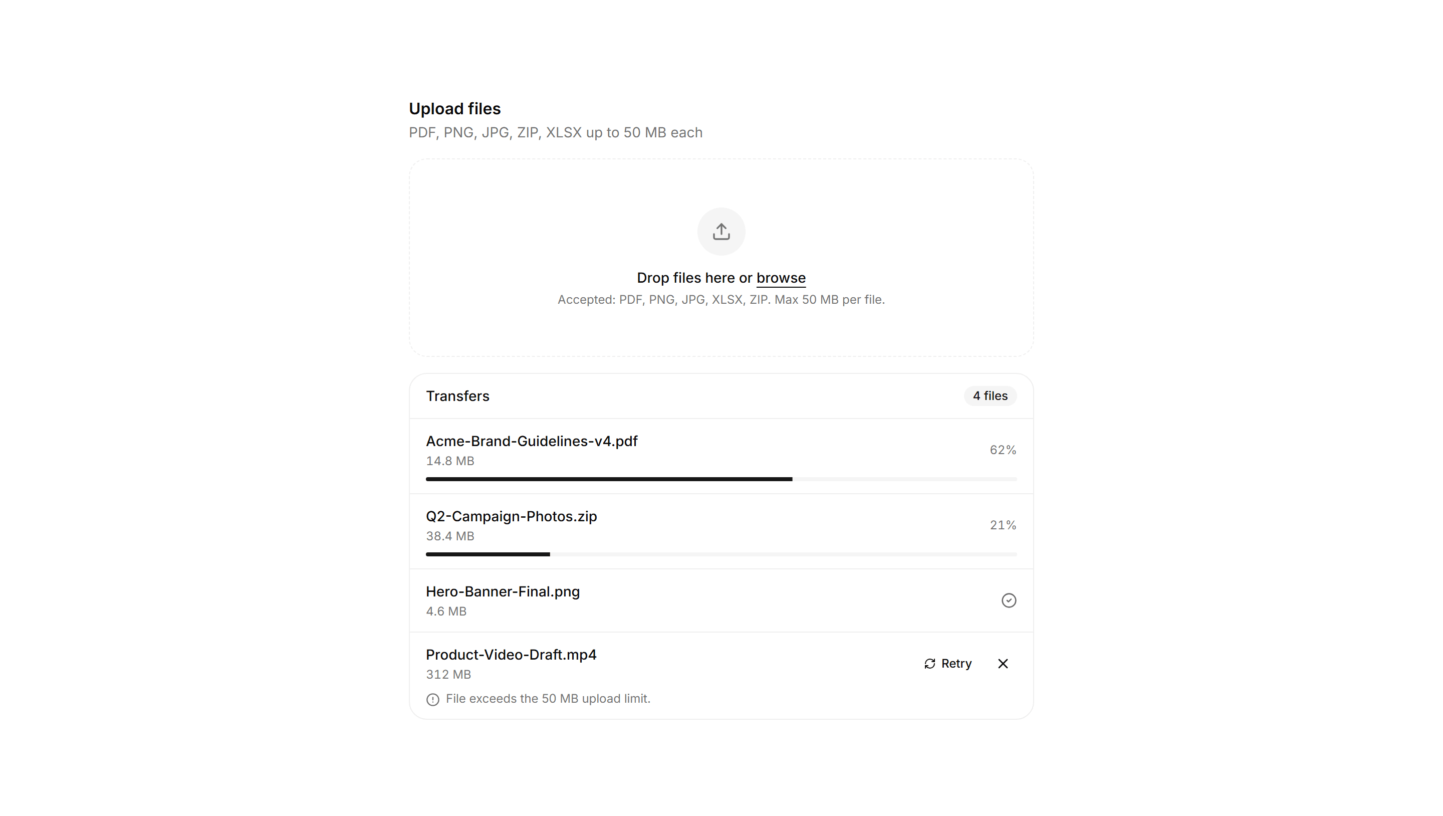 Application File Manager: Upload Dropzone Card