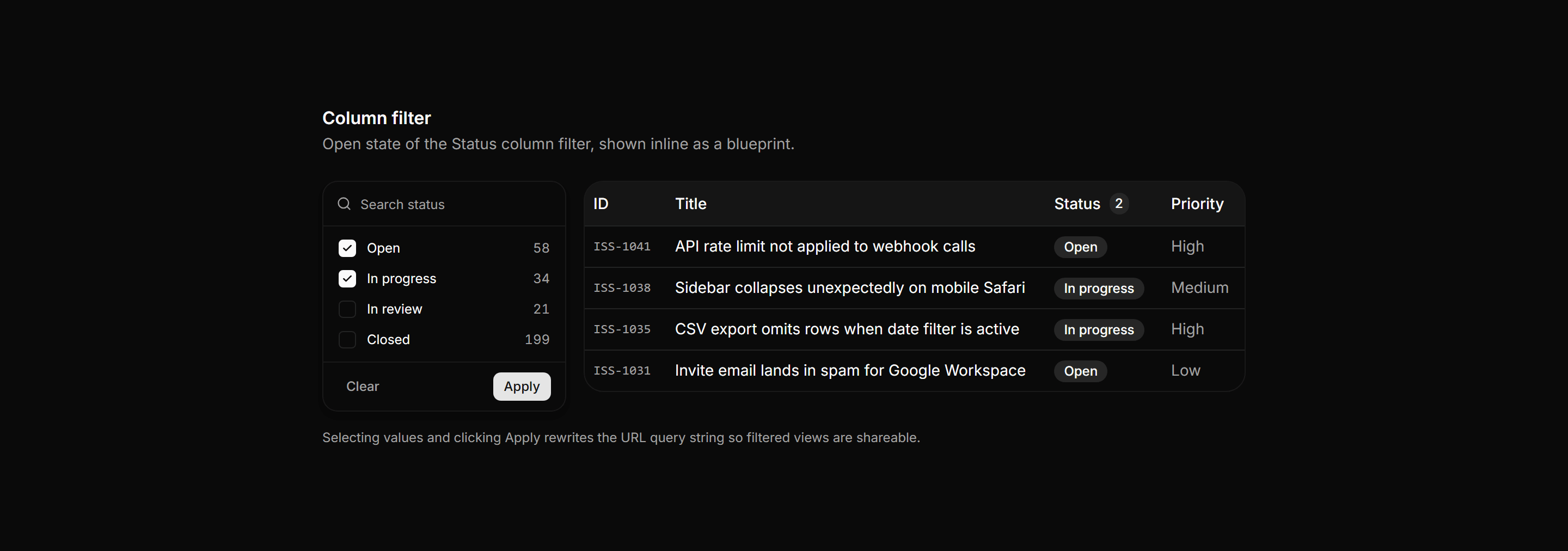 Application Filters and Search: Column Filter Blueprint