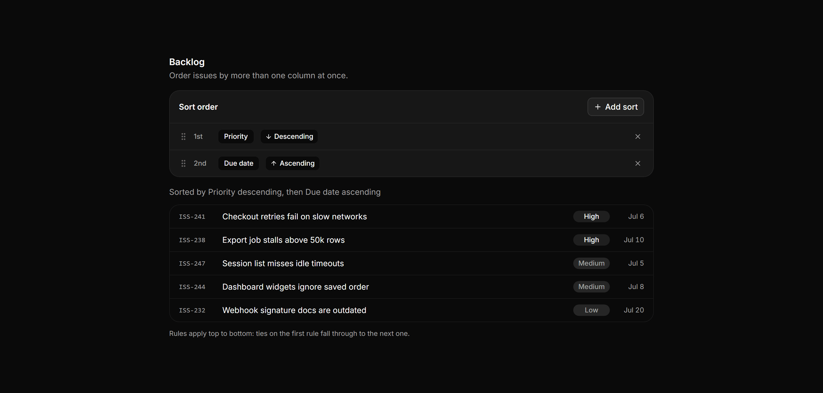 Application Filters and Search: Multi Sort Builder