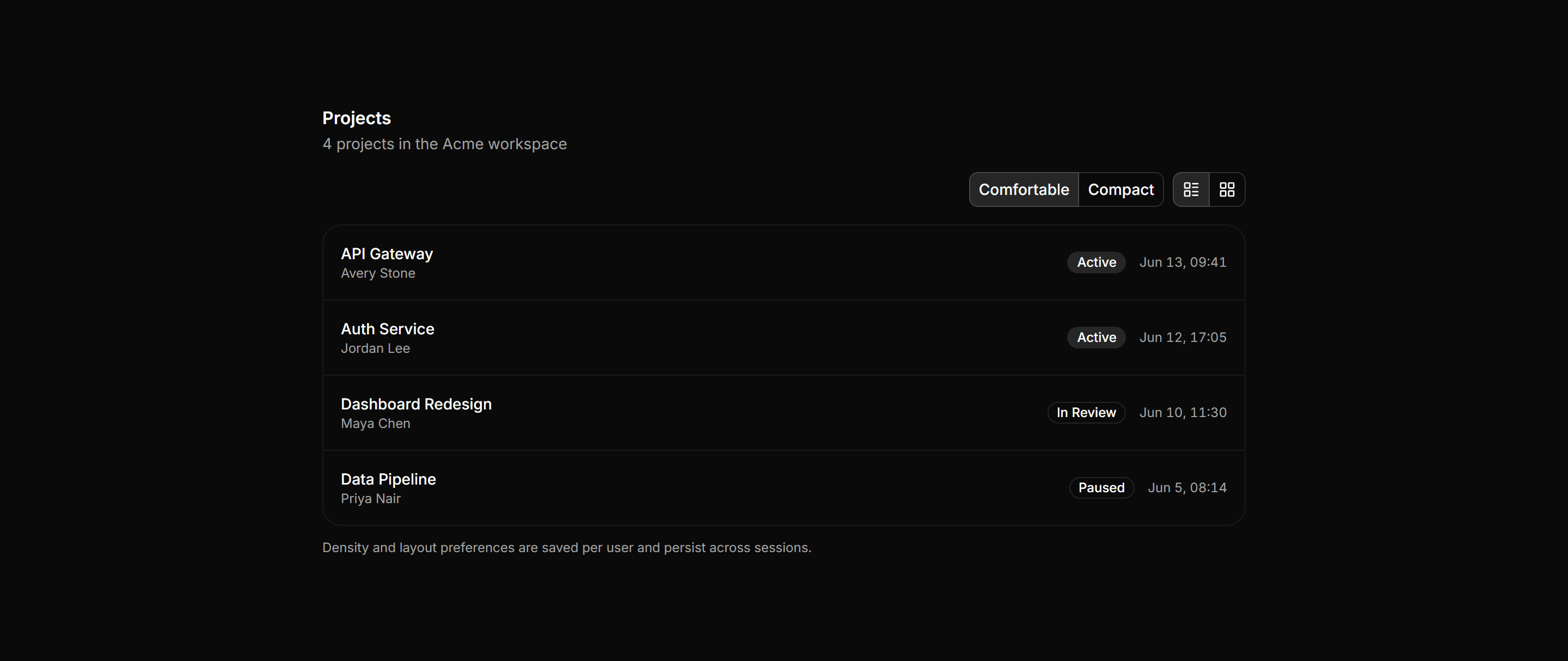 Application Filters and Search: Results Density Toggle