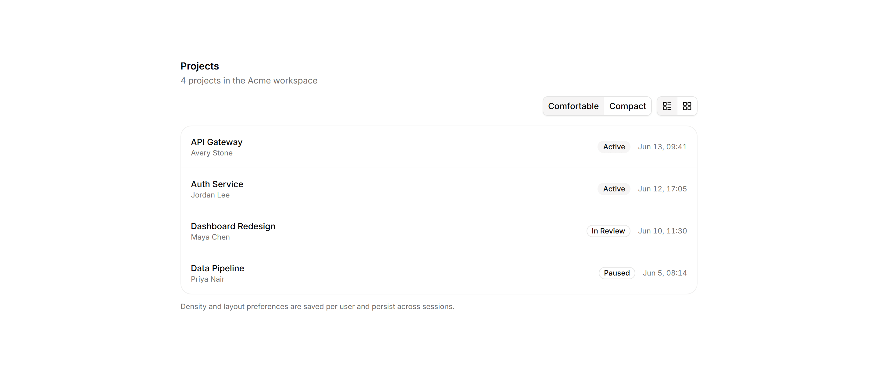 Application Filters and Search: Results Density Toggle