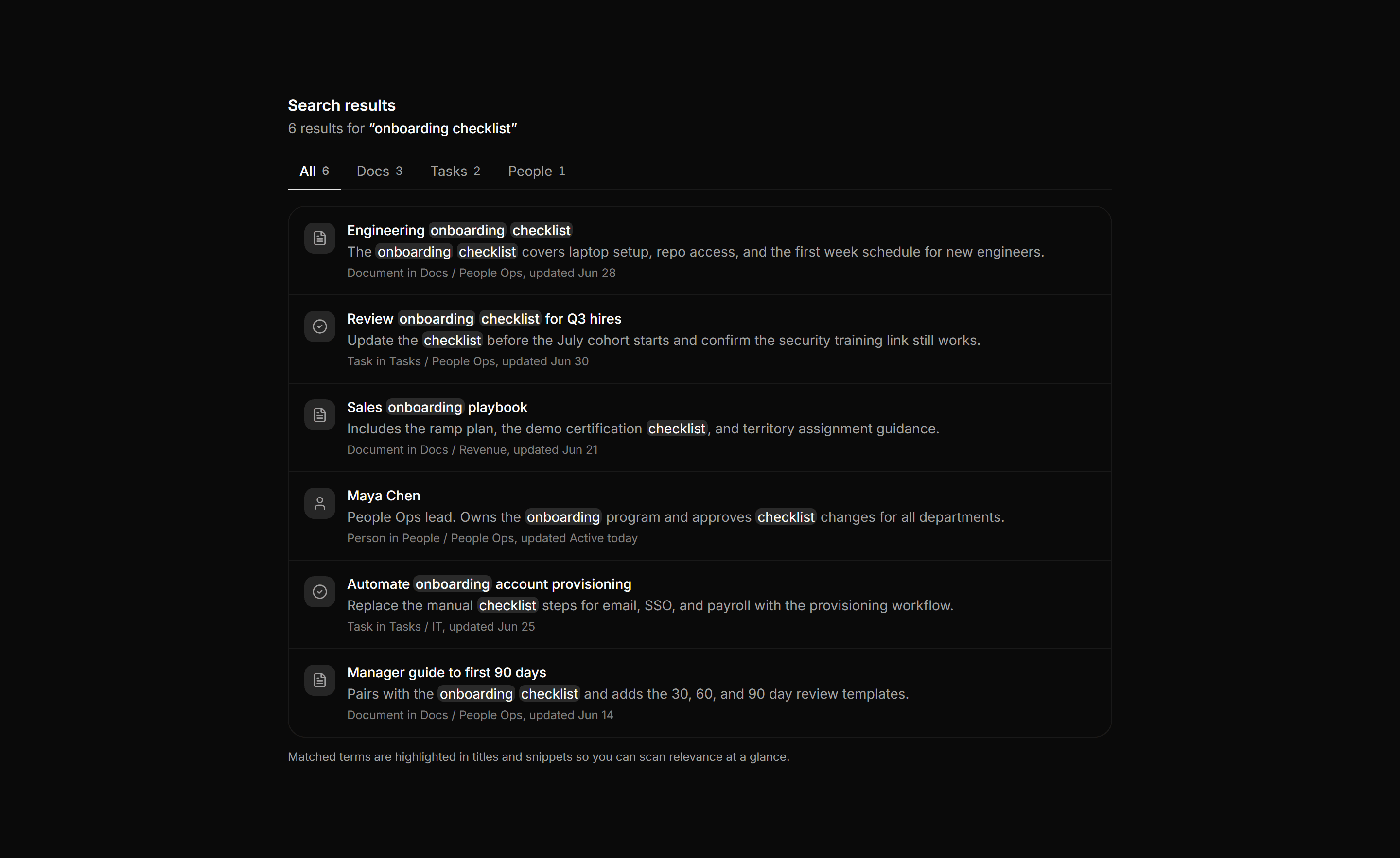 Application Filters and Search: Search Results Highlights