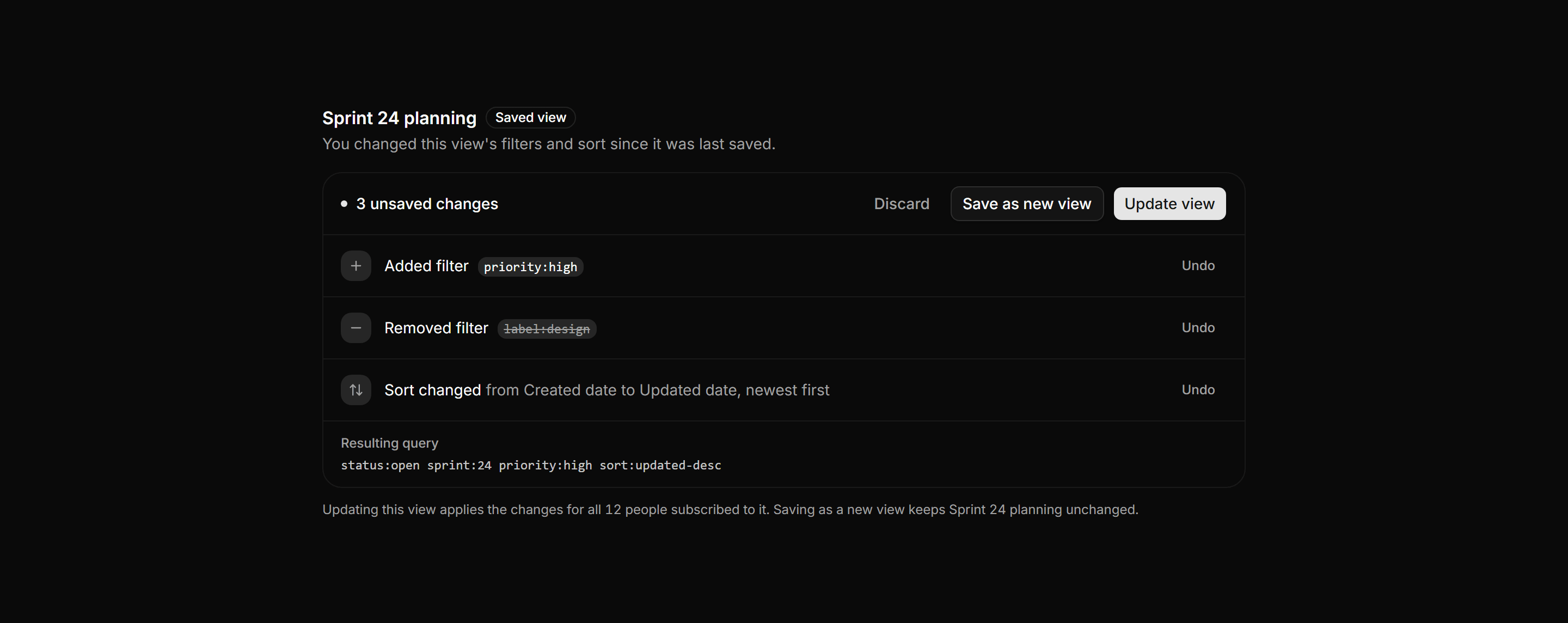 Application Filters and Search: View Changes Bar