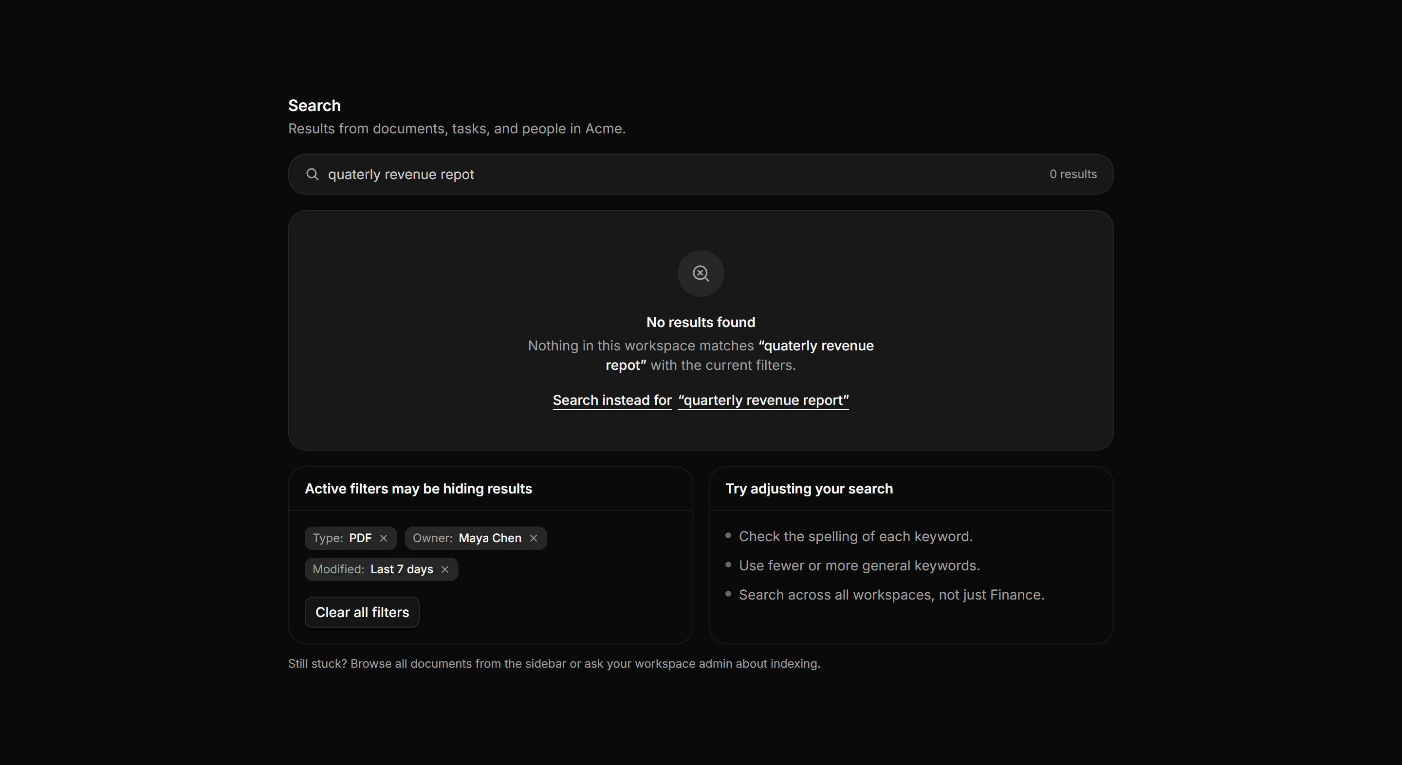 Application Filters and Search: Zero Results Panel