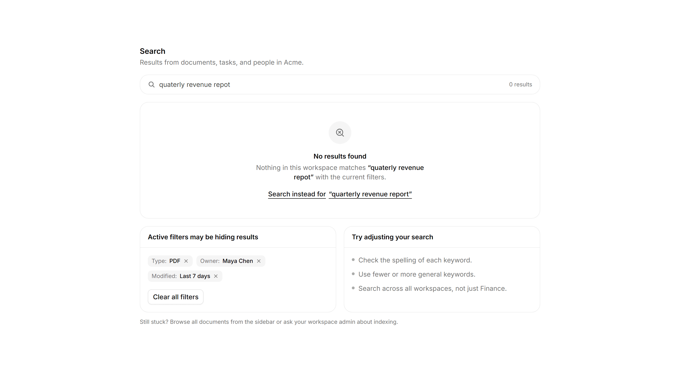 Application Filters and Search: Zero Results Panel