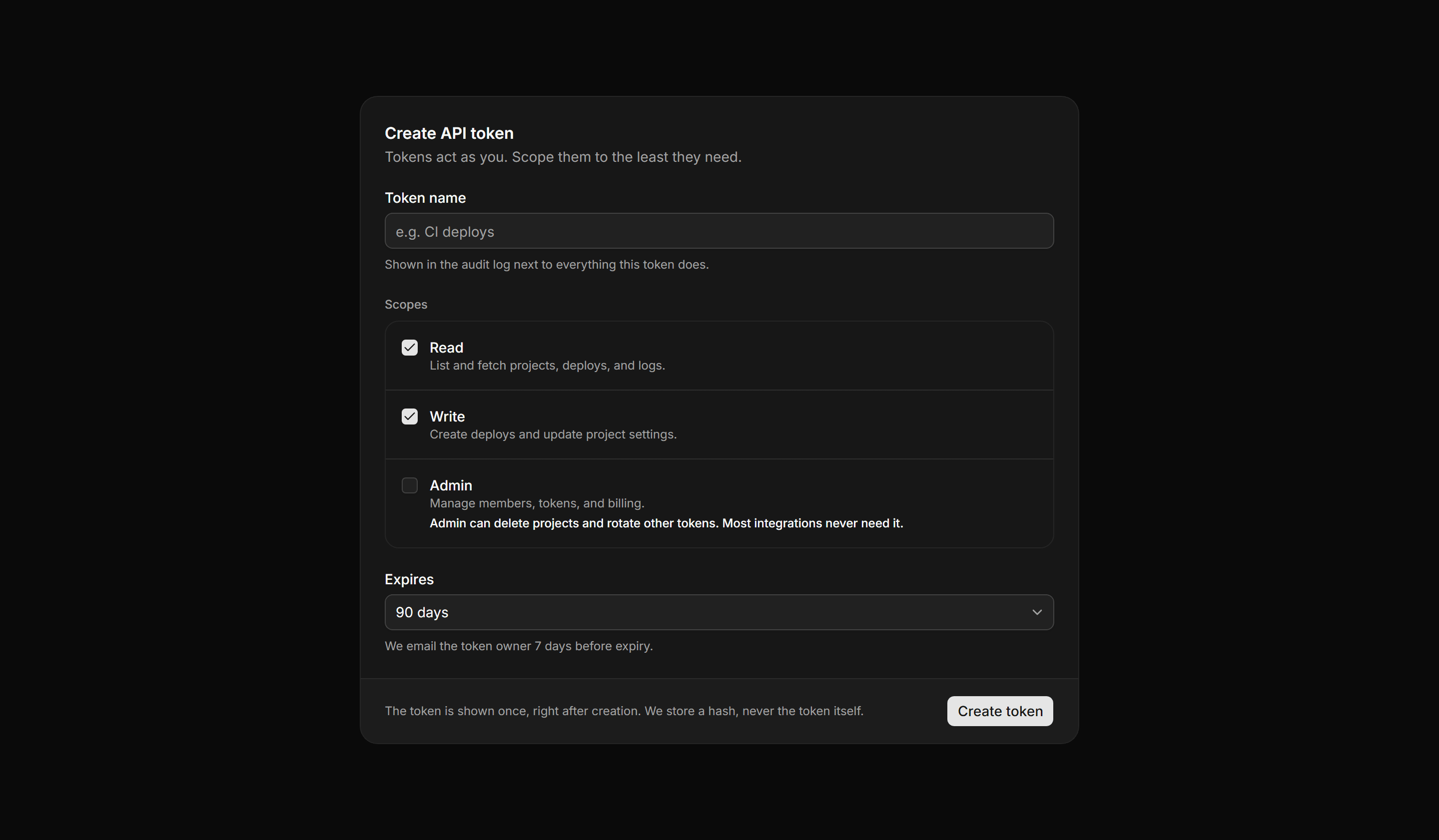 Application Form: API Token Create Form