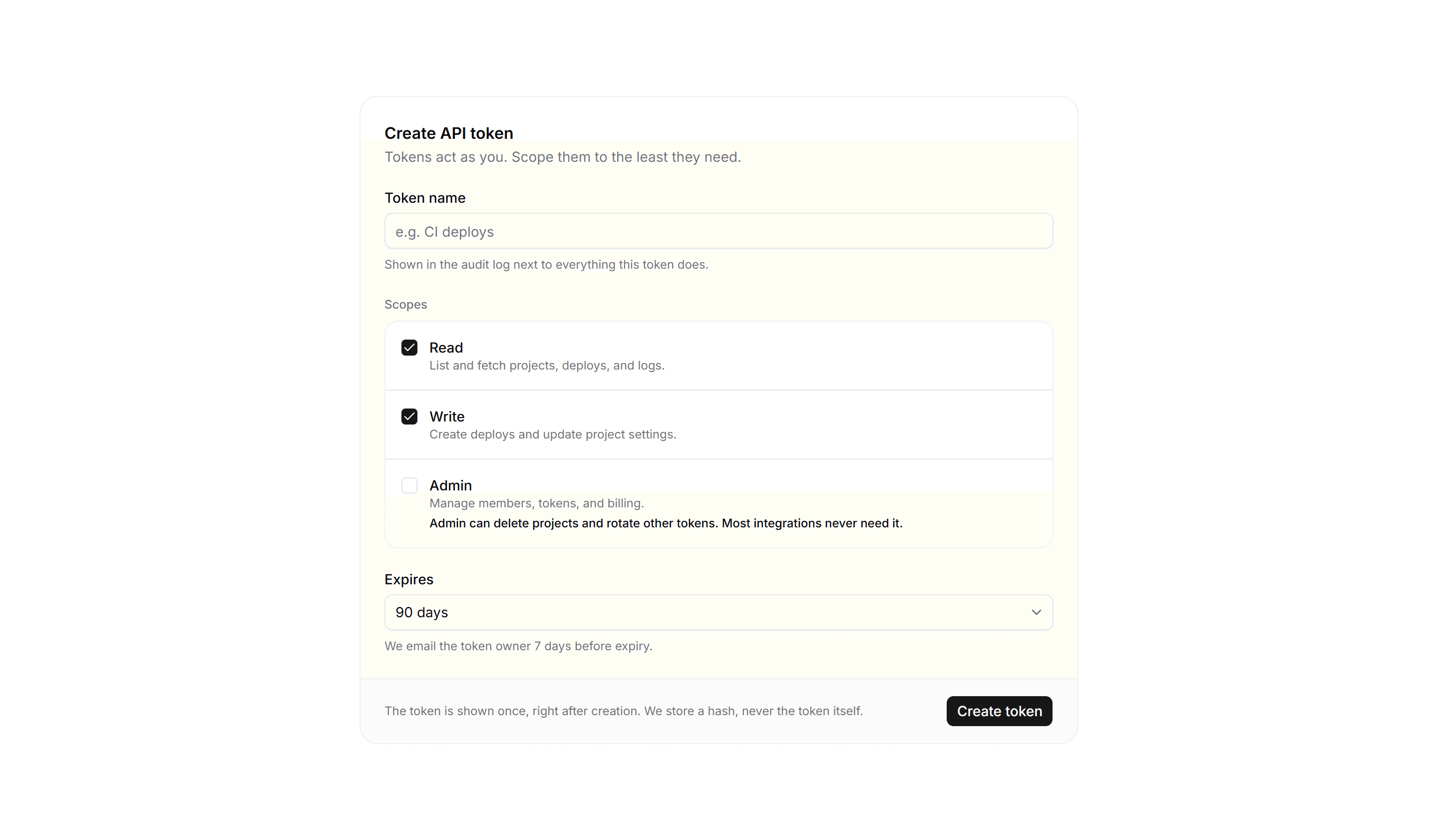 Application Form: API Token Create Form