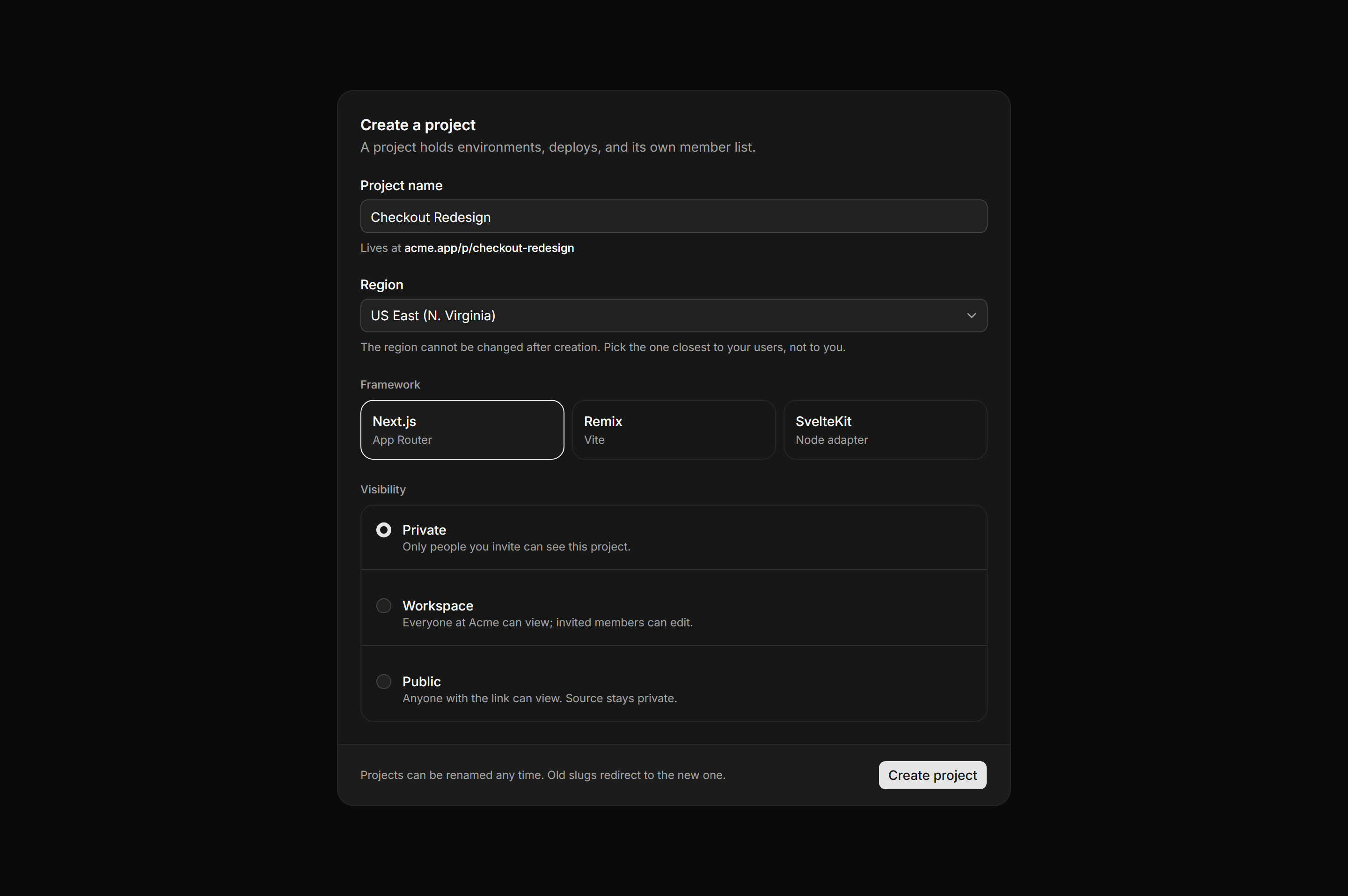 Application Form: Create Project Form