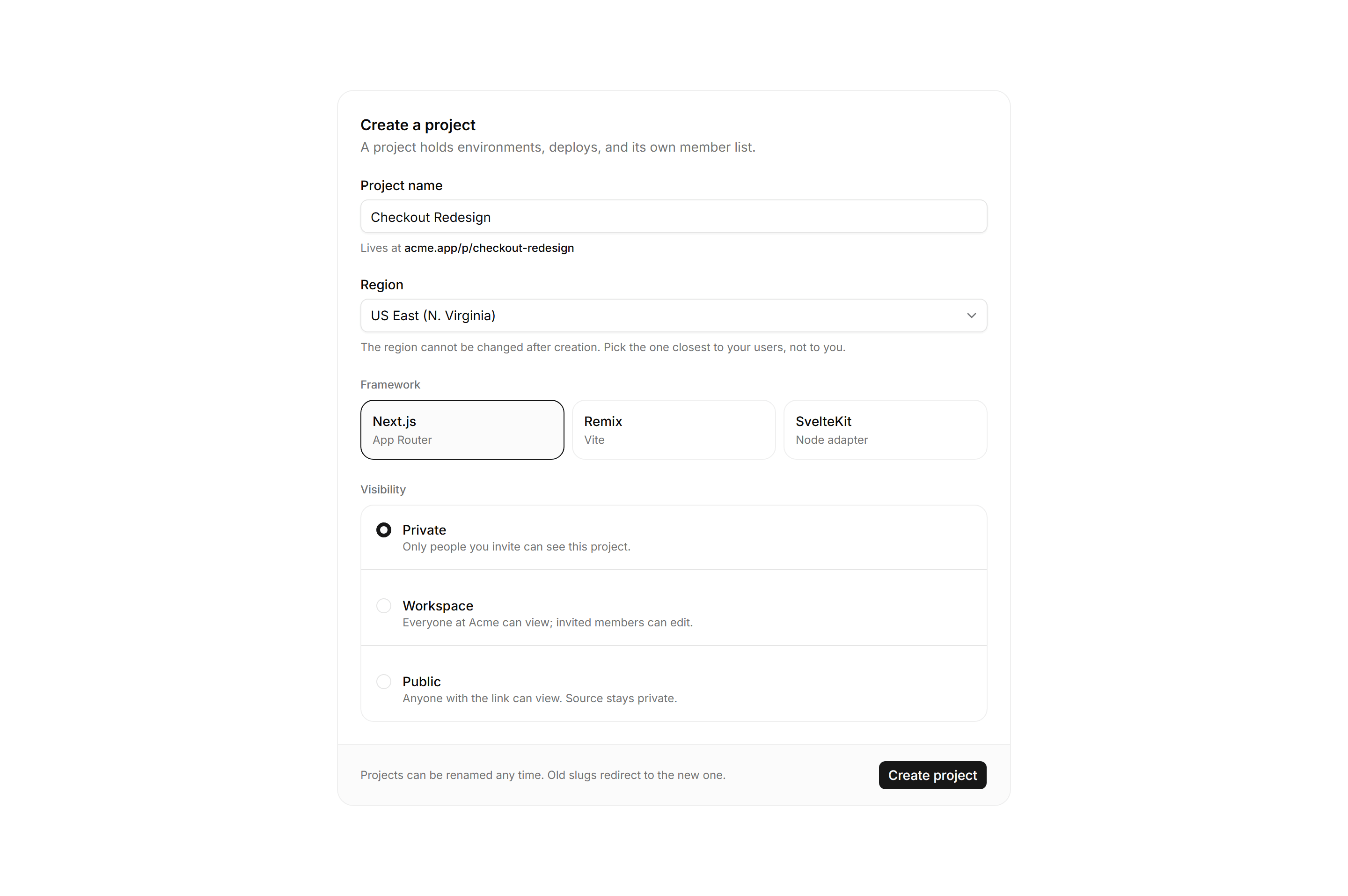 Application Form: Create Project Form
