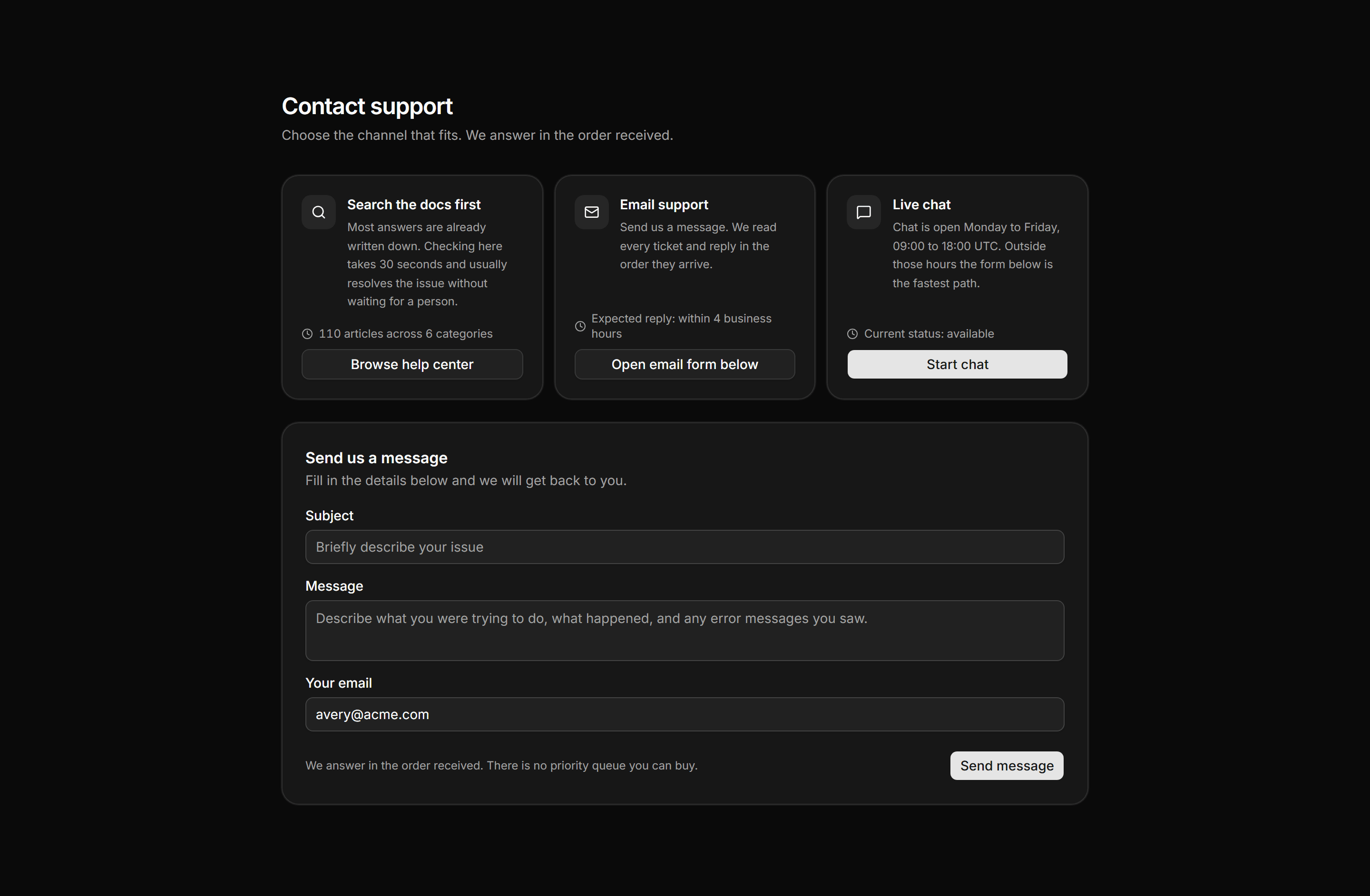 Application Help and Support: Contact Support Panel