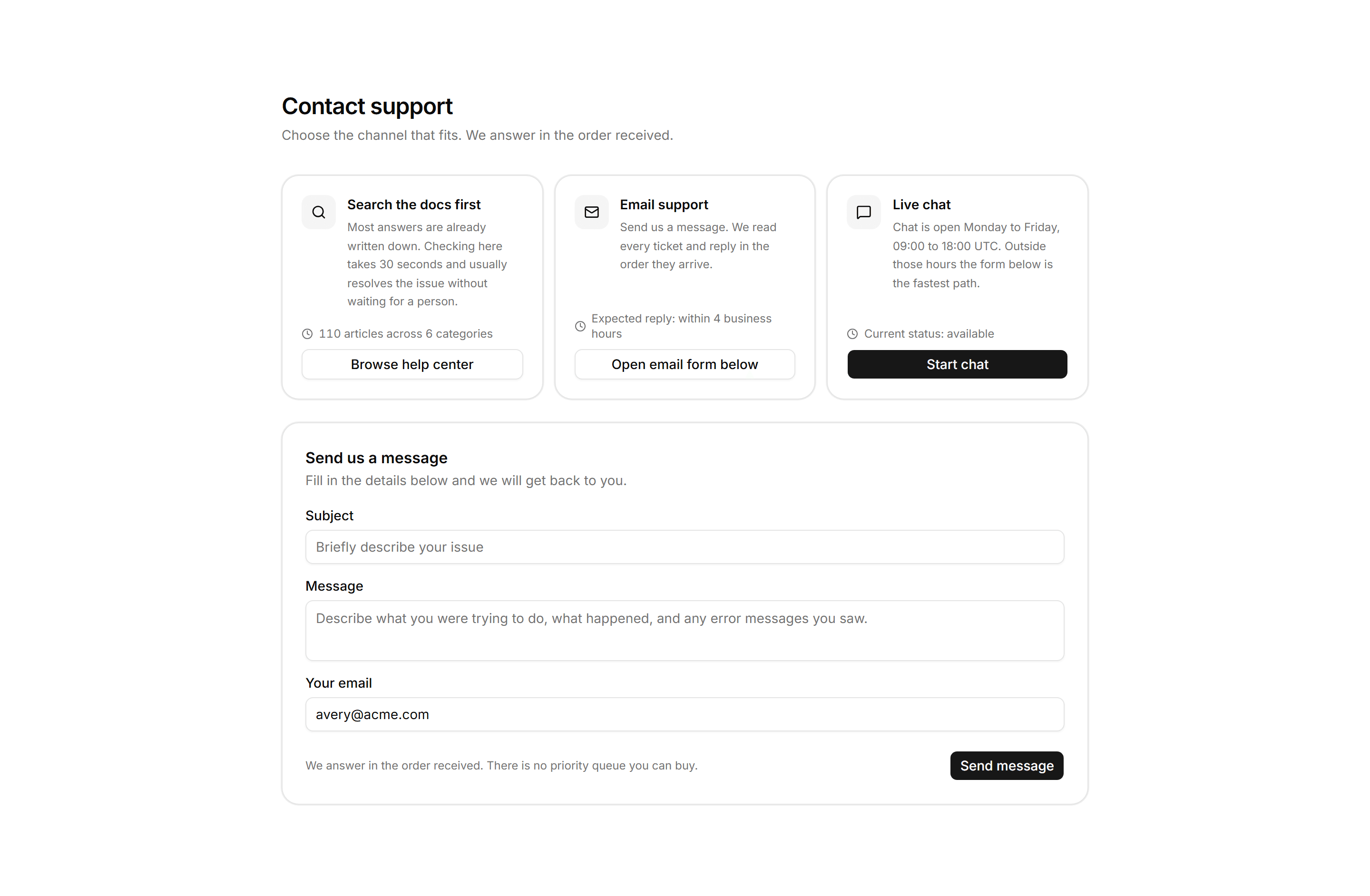 Application Help and Support: Contact Support Panel