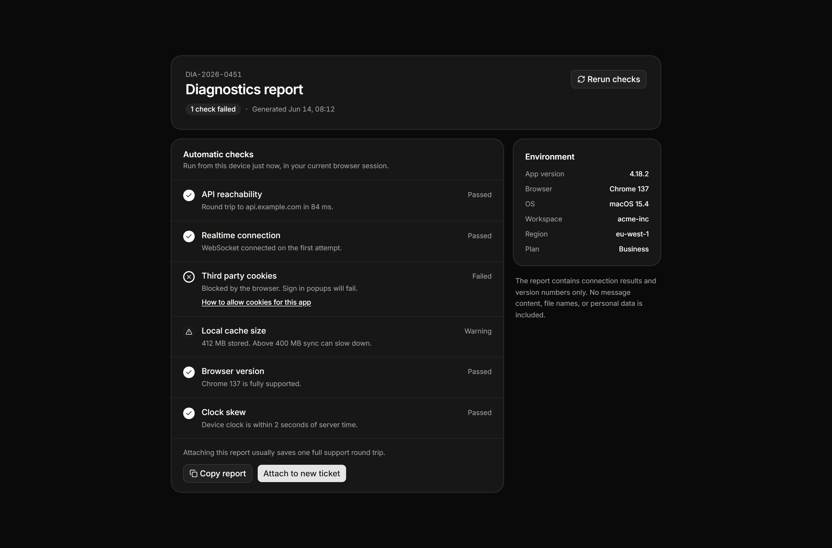 Application Help and Support: Diagnostics Report Panel