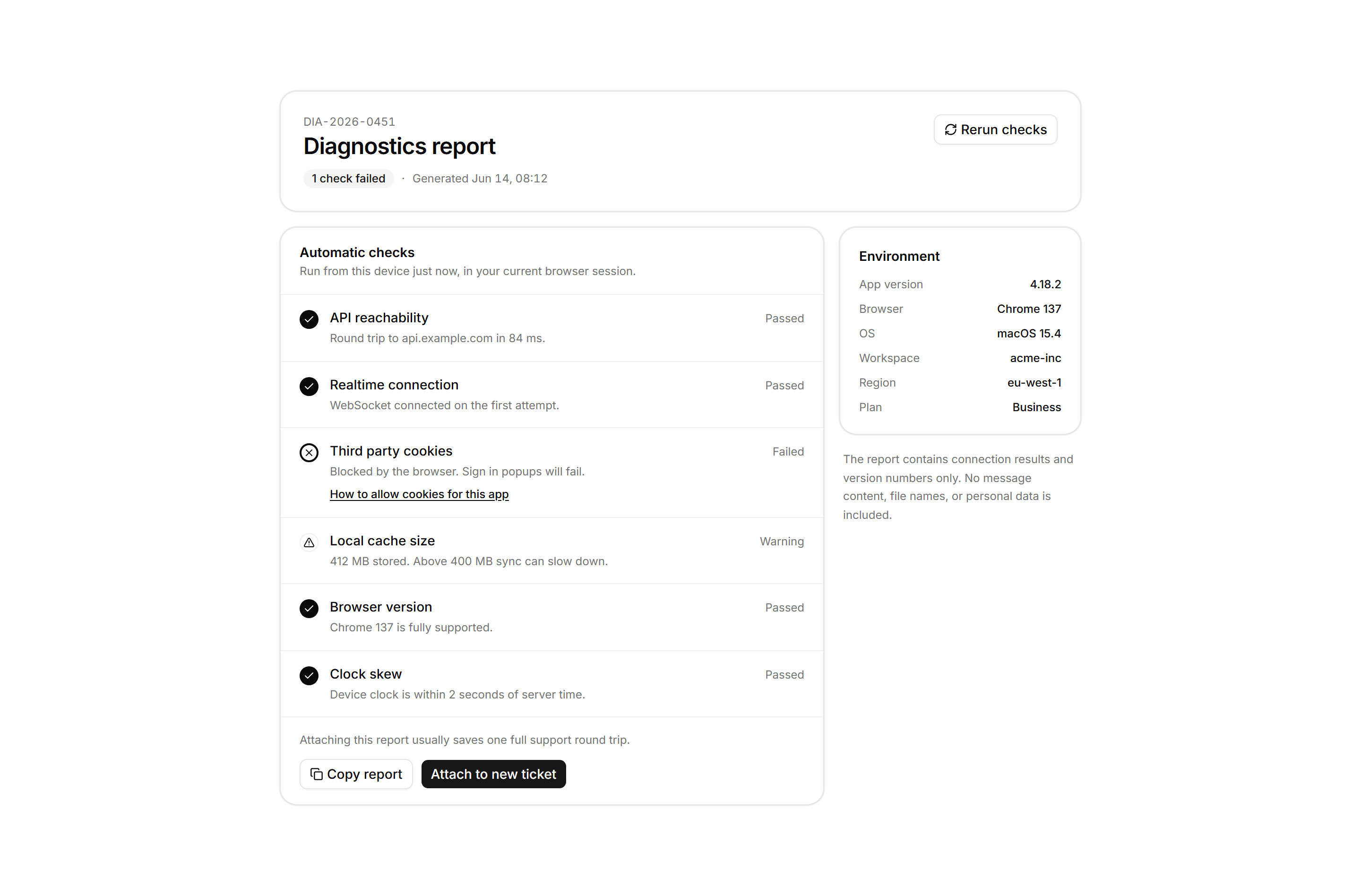 Application Help and Support: Diagnostics Report Panel