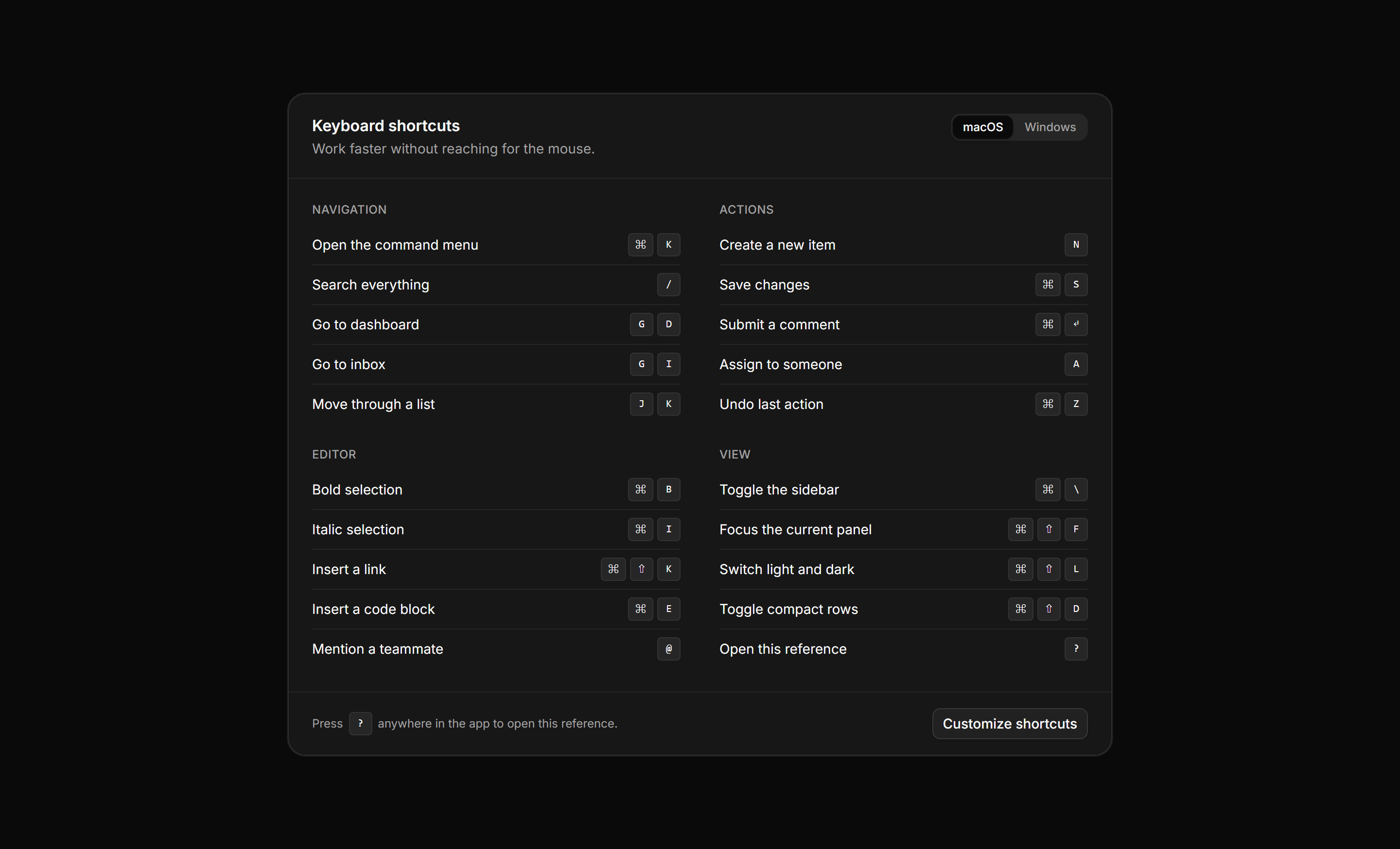 Application Help and Support: Shortcuts Reference