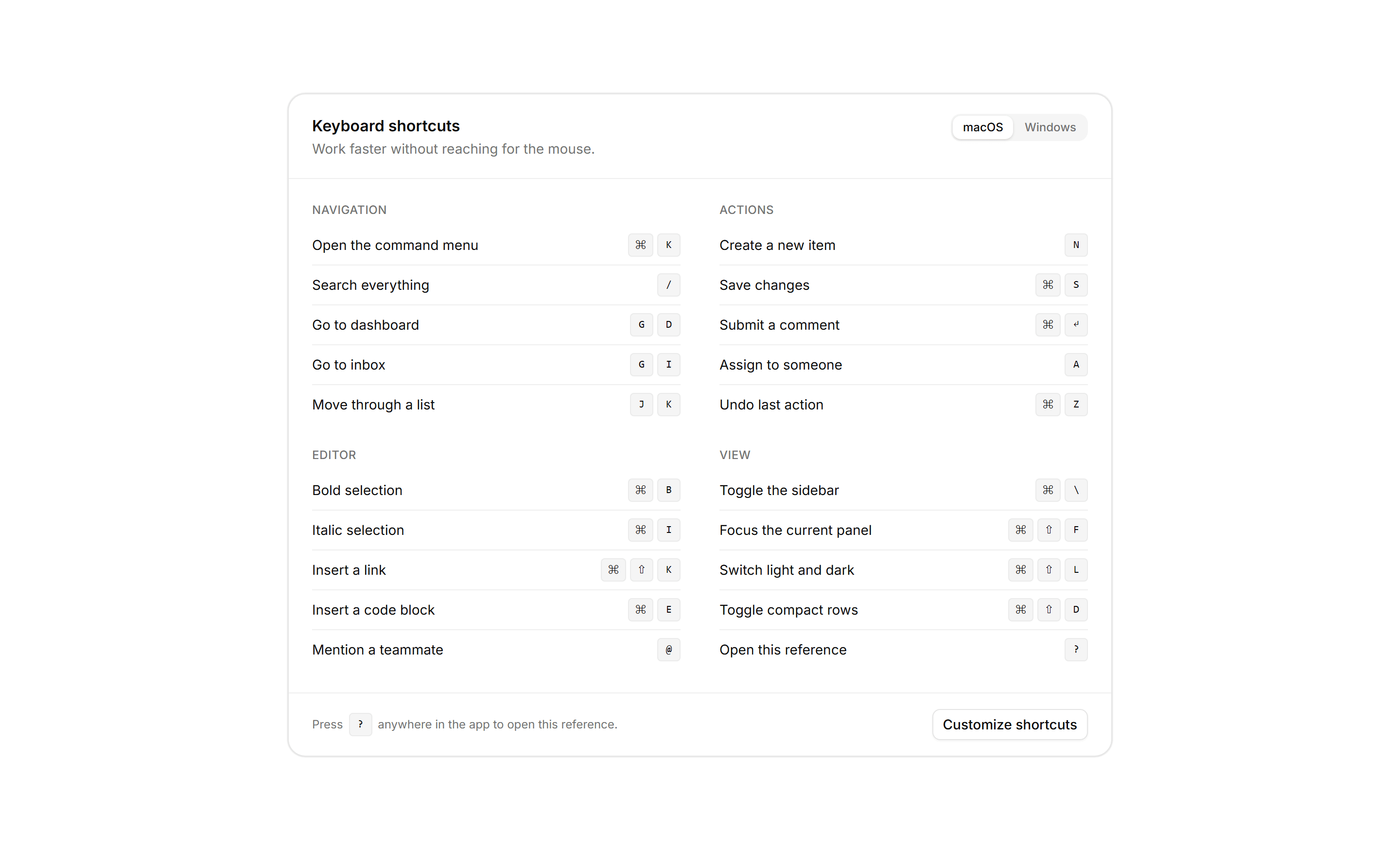 Application Help and Support: Shortcuts Reference