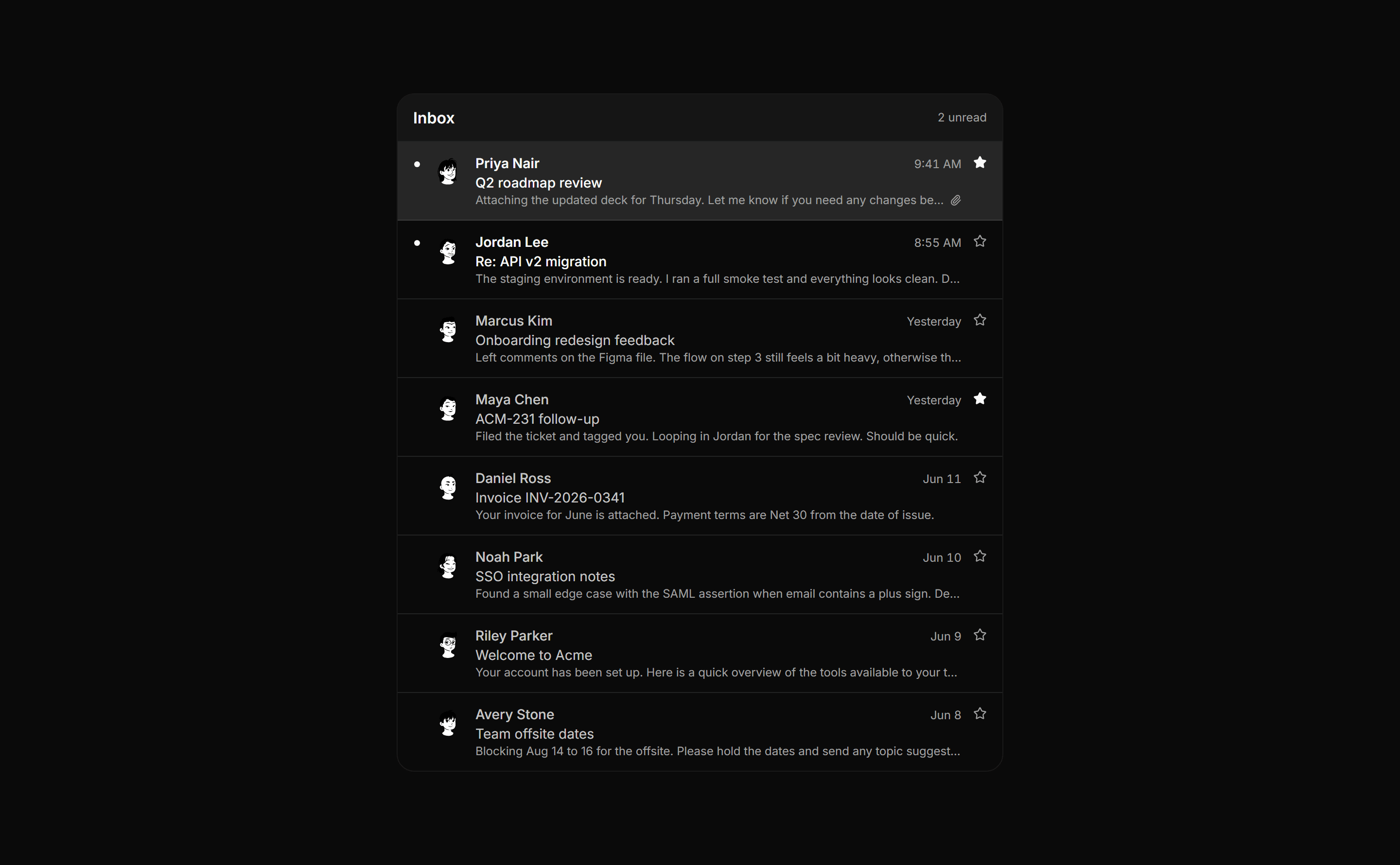 Application Inbox and Email: Email List