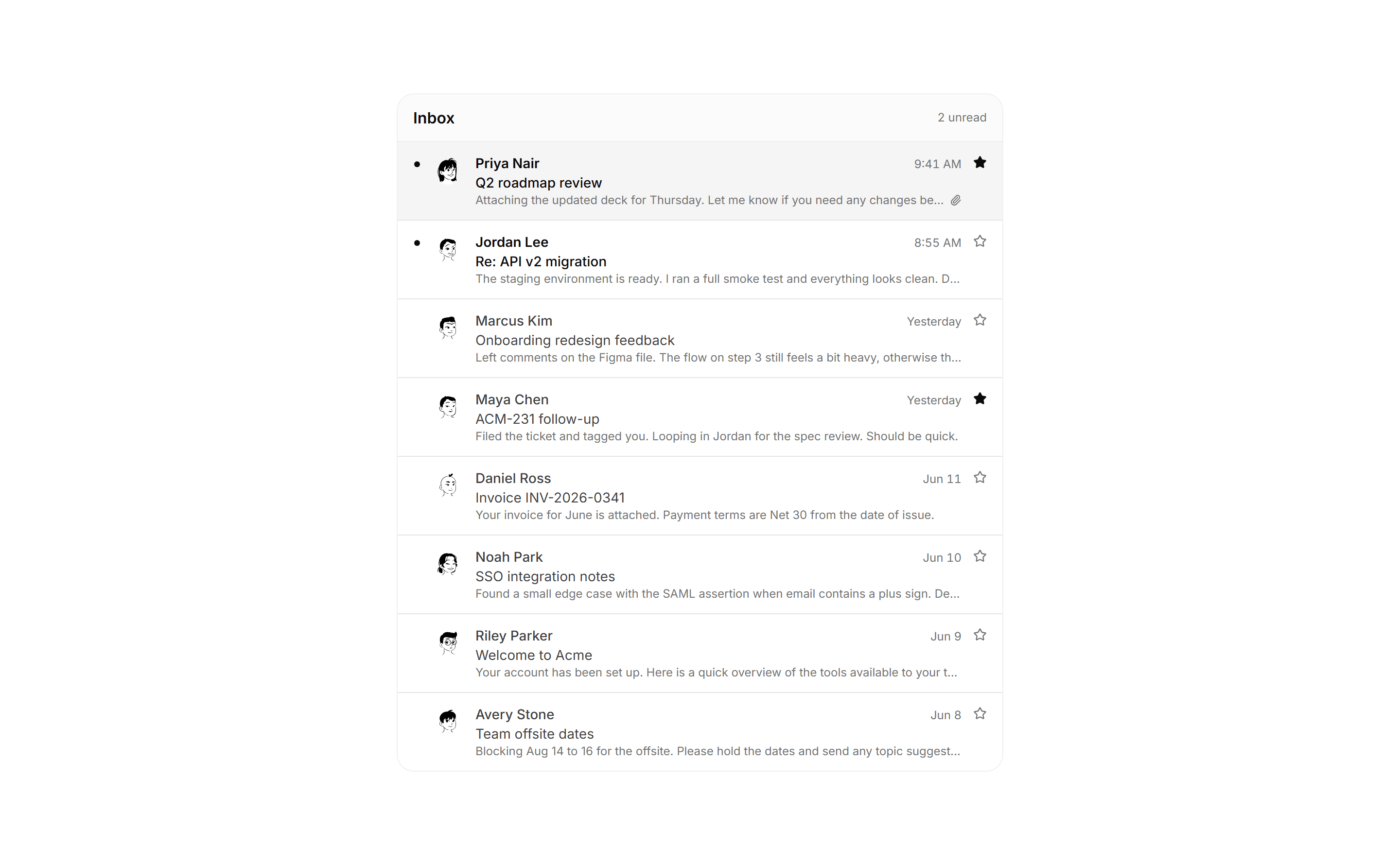 Application Inbox and Email: Email List