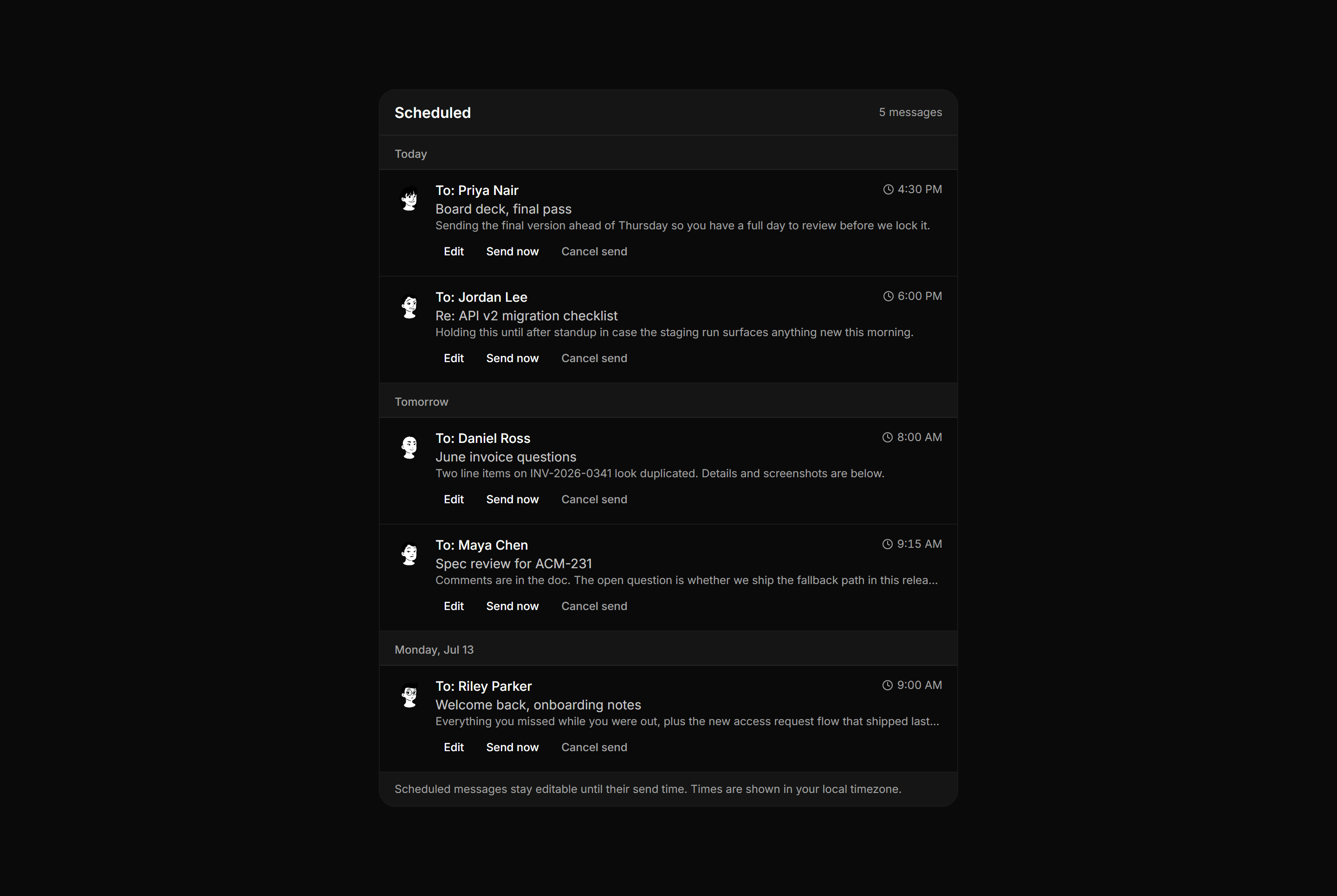 Application Inbox and Email: Scheduled Send Queue