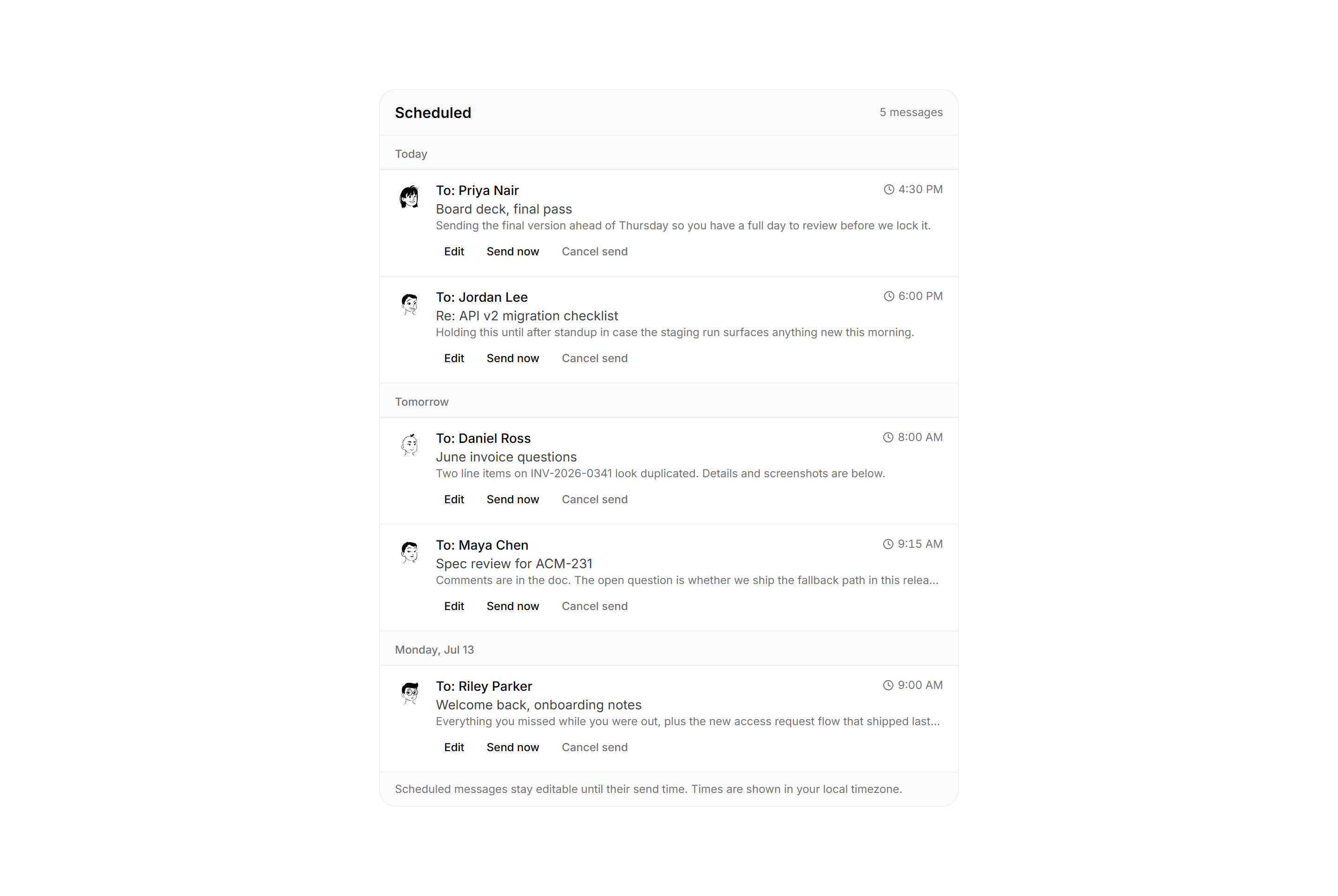 Application Inbox and Email: Scheduled Send Queue