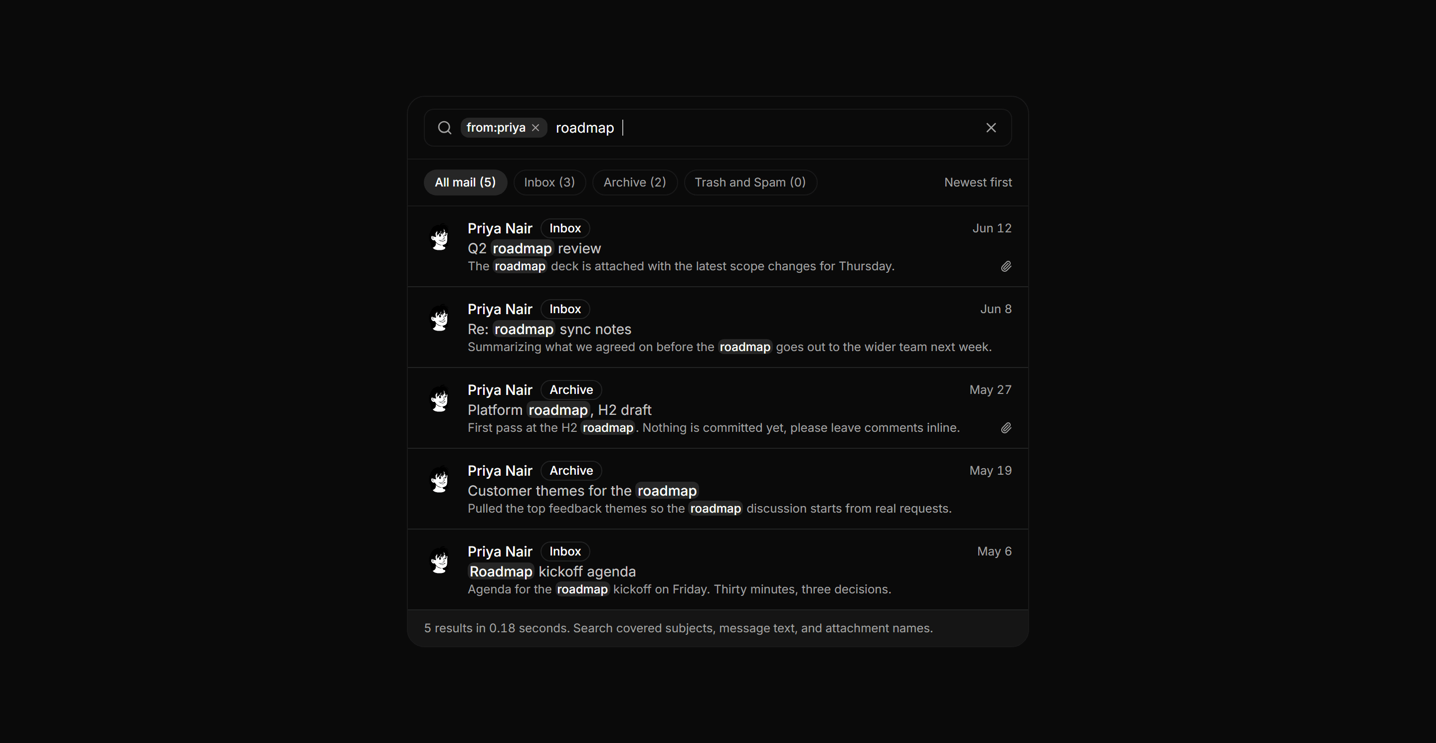 Application Inbox and Email: Search Results