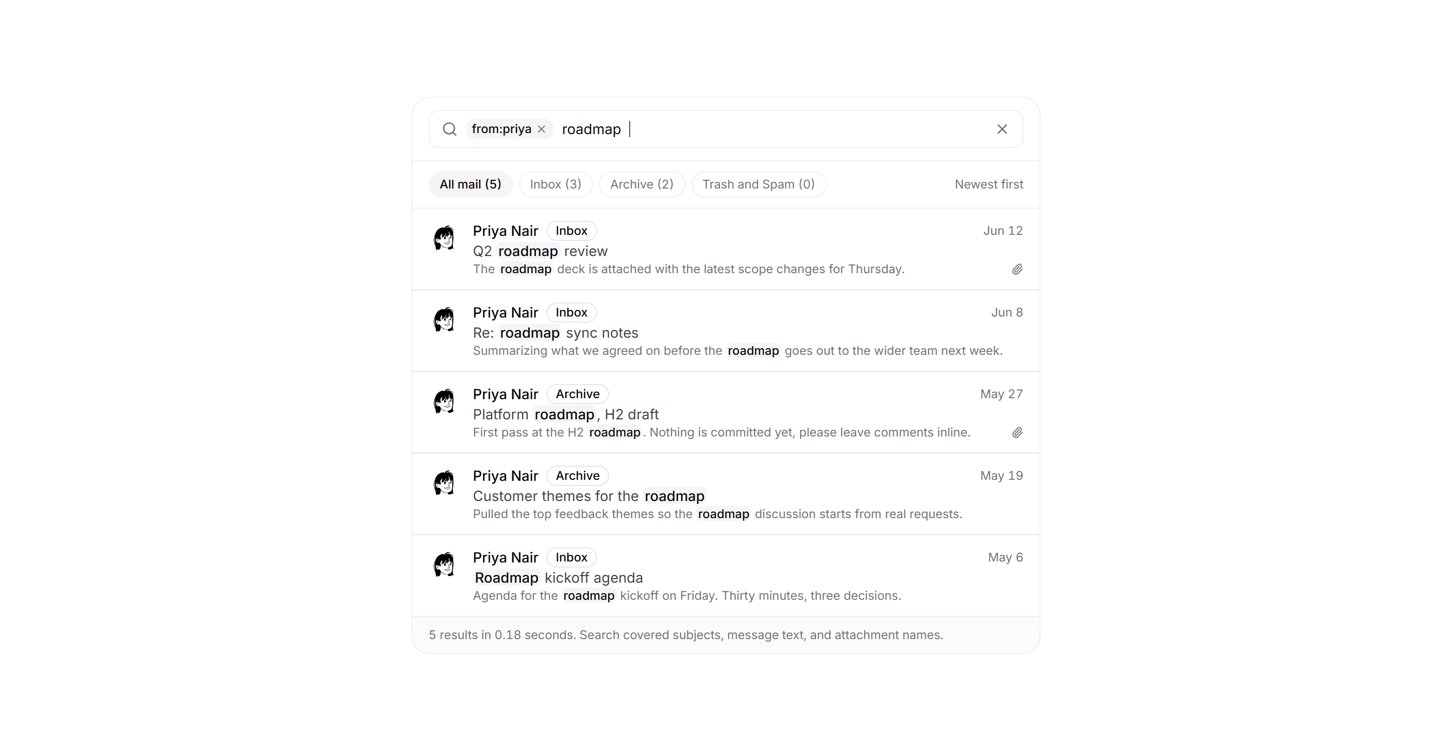 Application Inbox and Email: Search Results