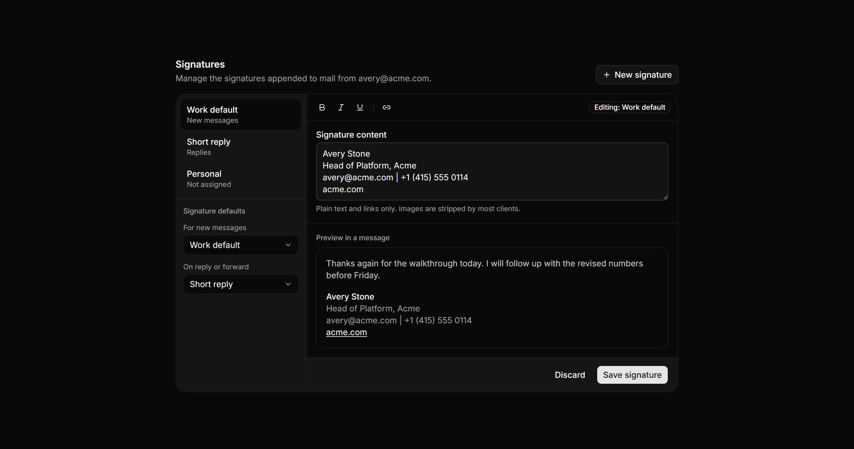 Application Inbox and Email: Signature Editor