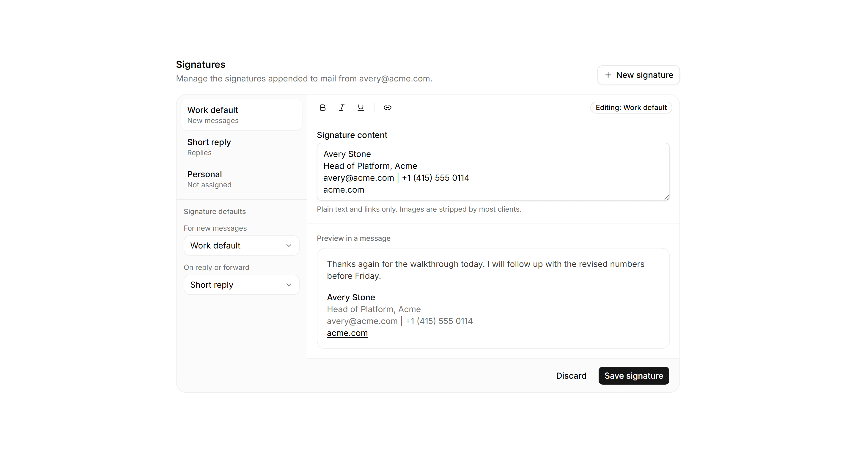 Application Inbox and Email: Signature Editor