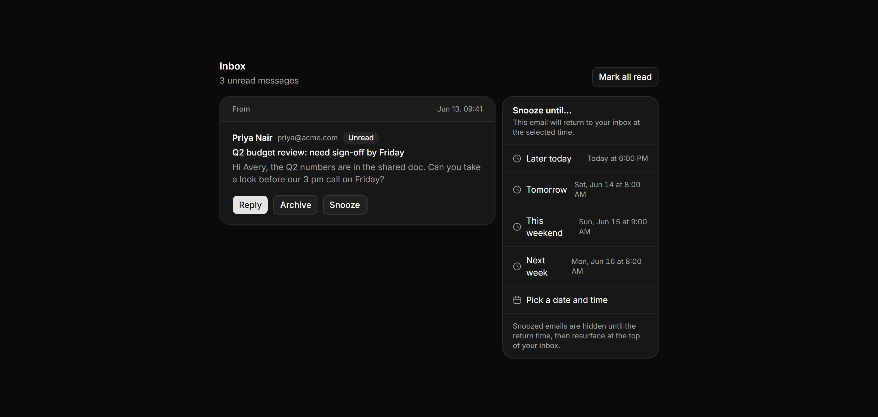 Application Inbox and Email: Snooze Email Blueprint