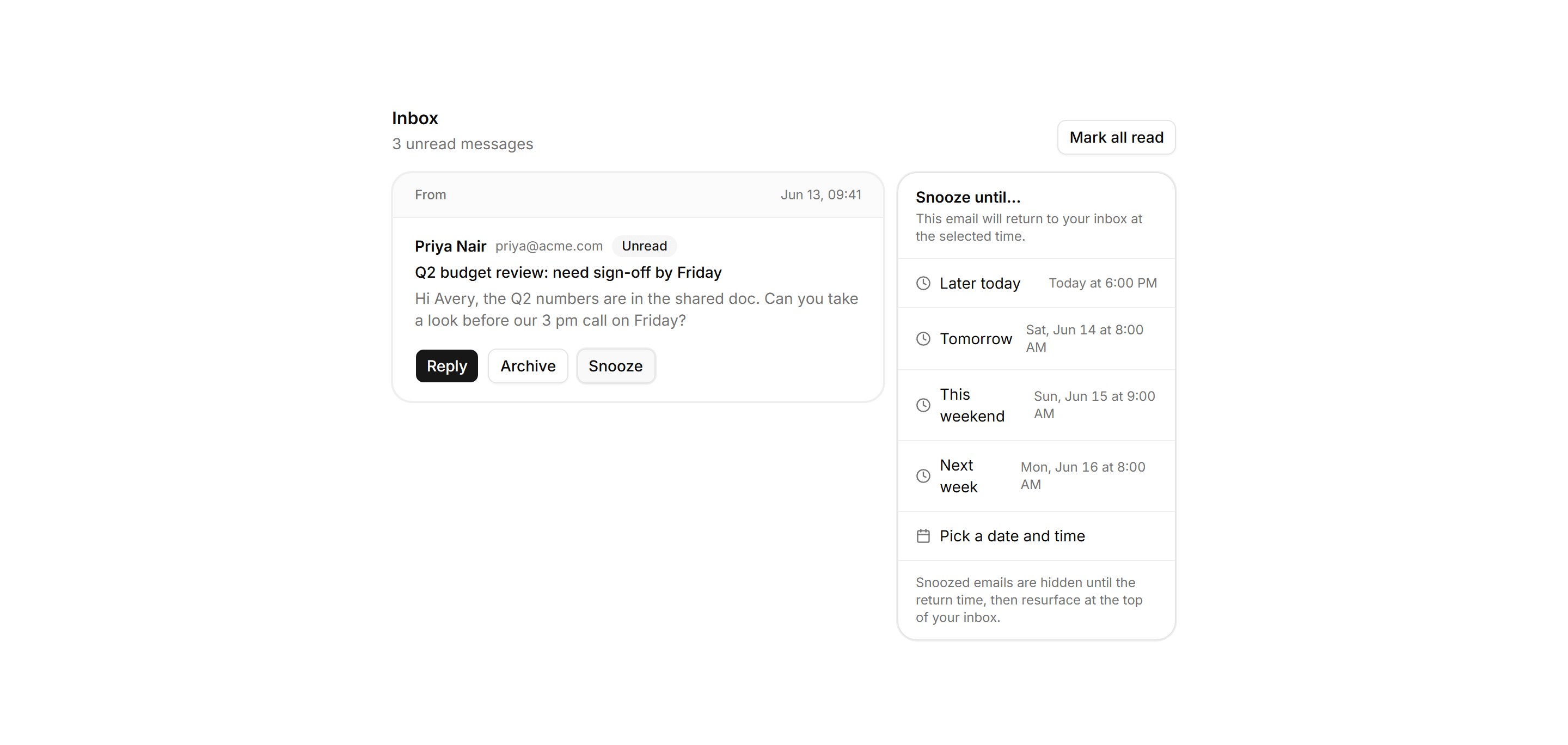 Application Inbox and Email: Snooze Email Blueprint