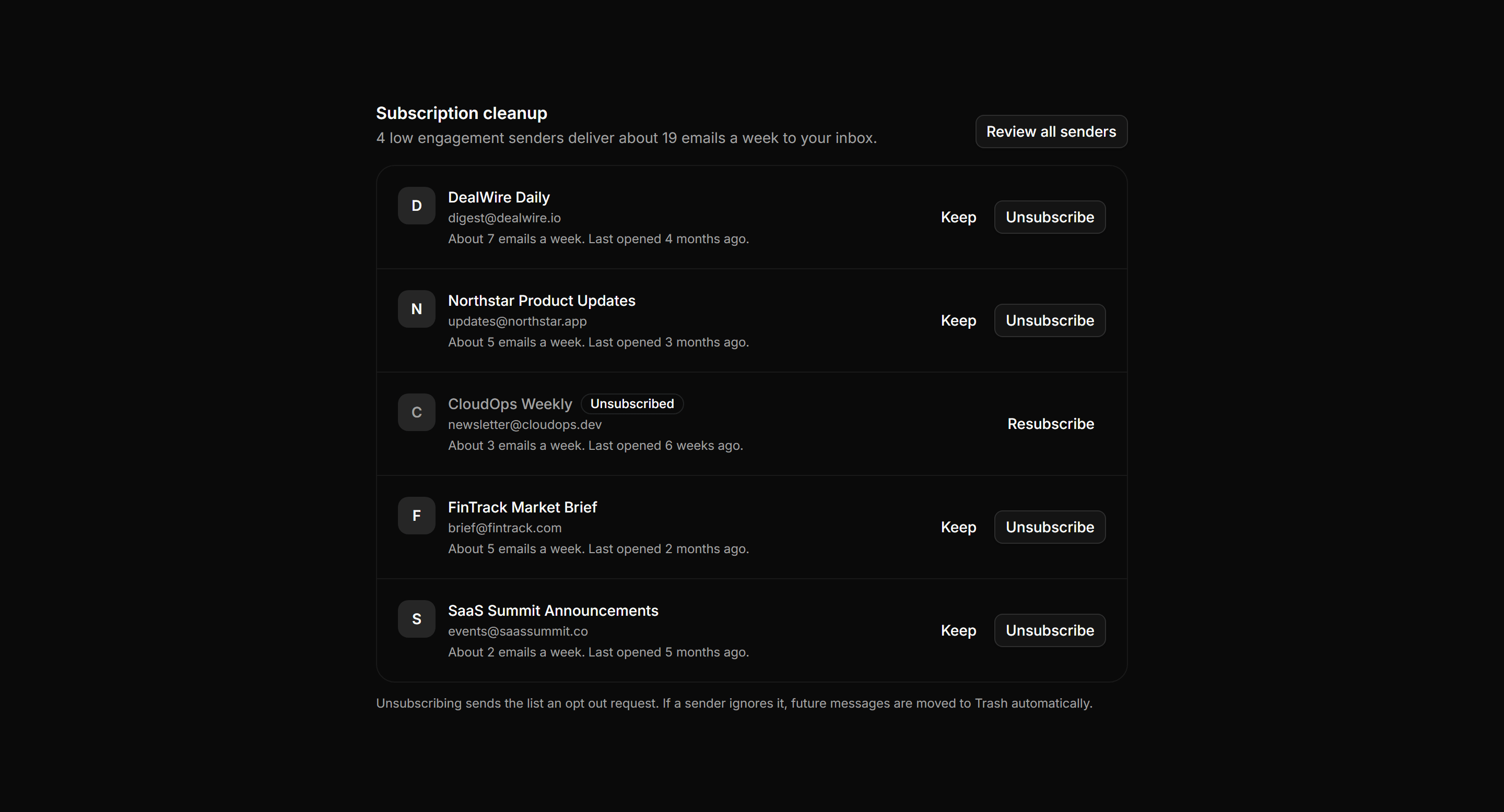 Application Inbox and Email: Unsubscribe Manager