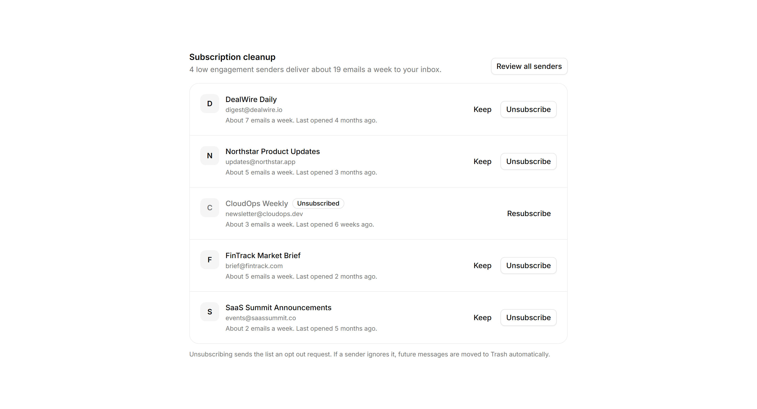 Application Inbox and Email: Unsubscribe Manager