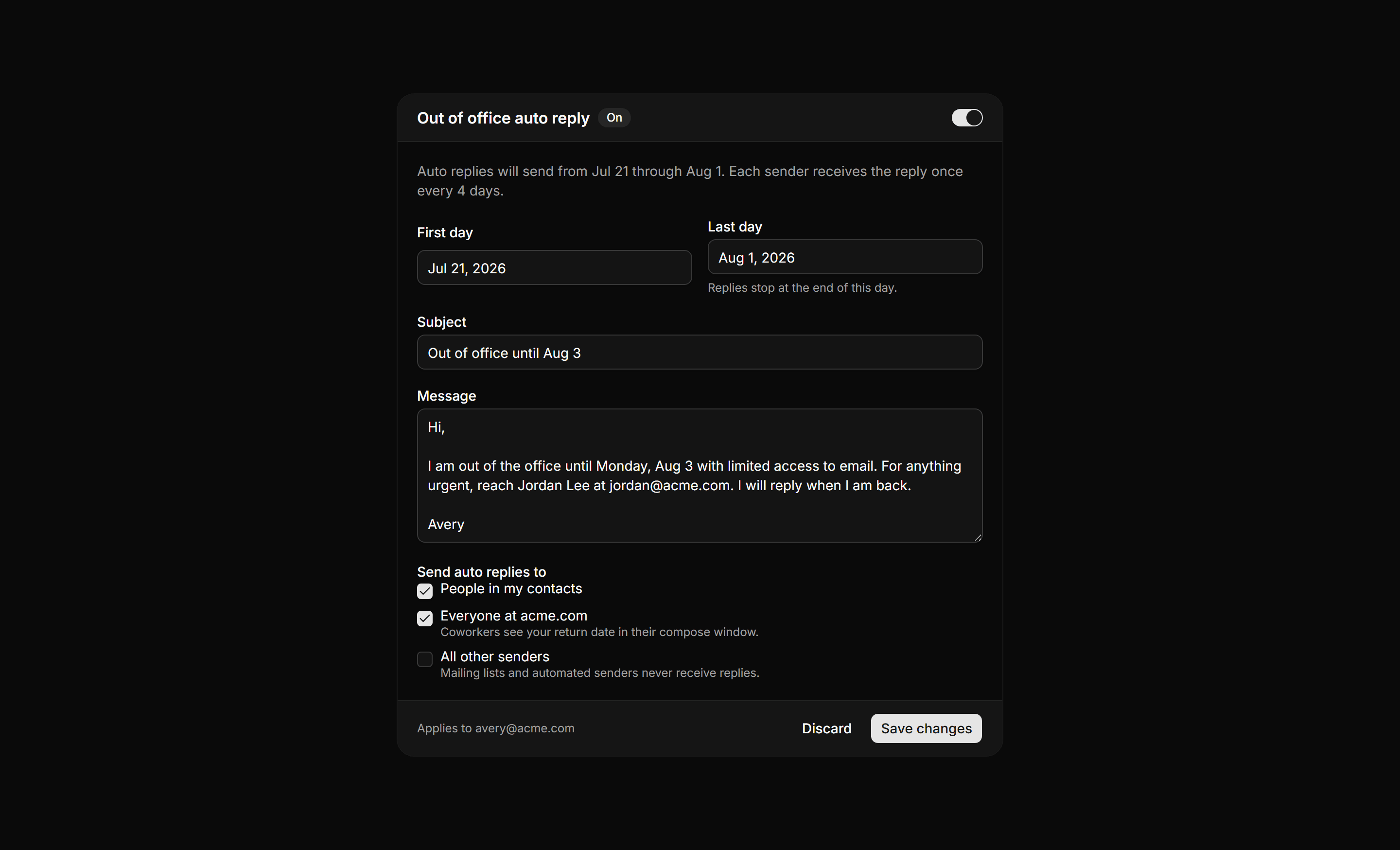 Application Inbox and Email: Vacation Responder