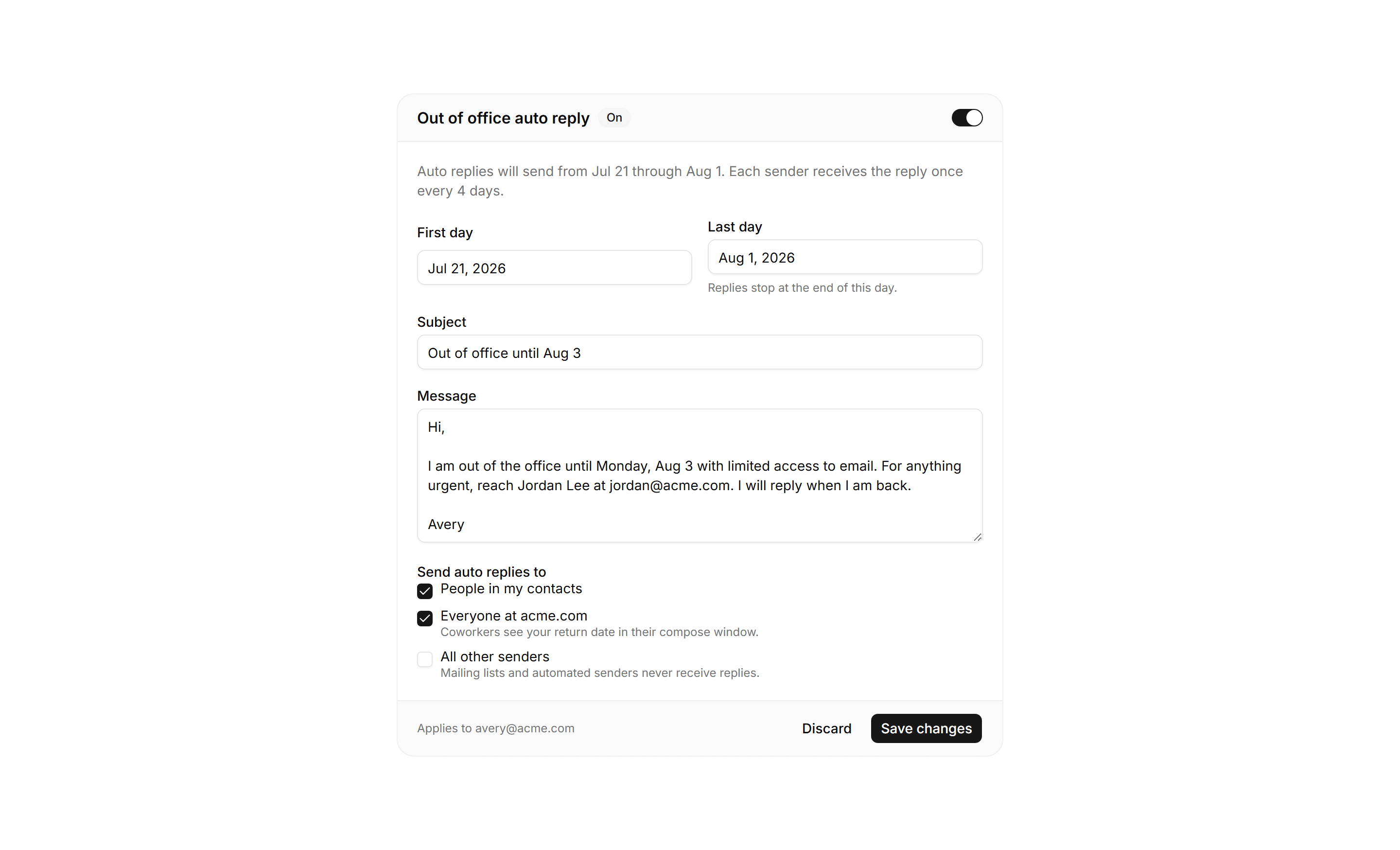 Application Inbox and Email: Vacation Responder