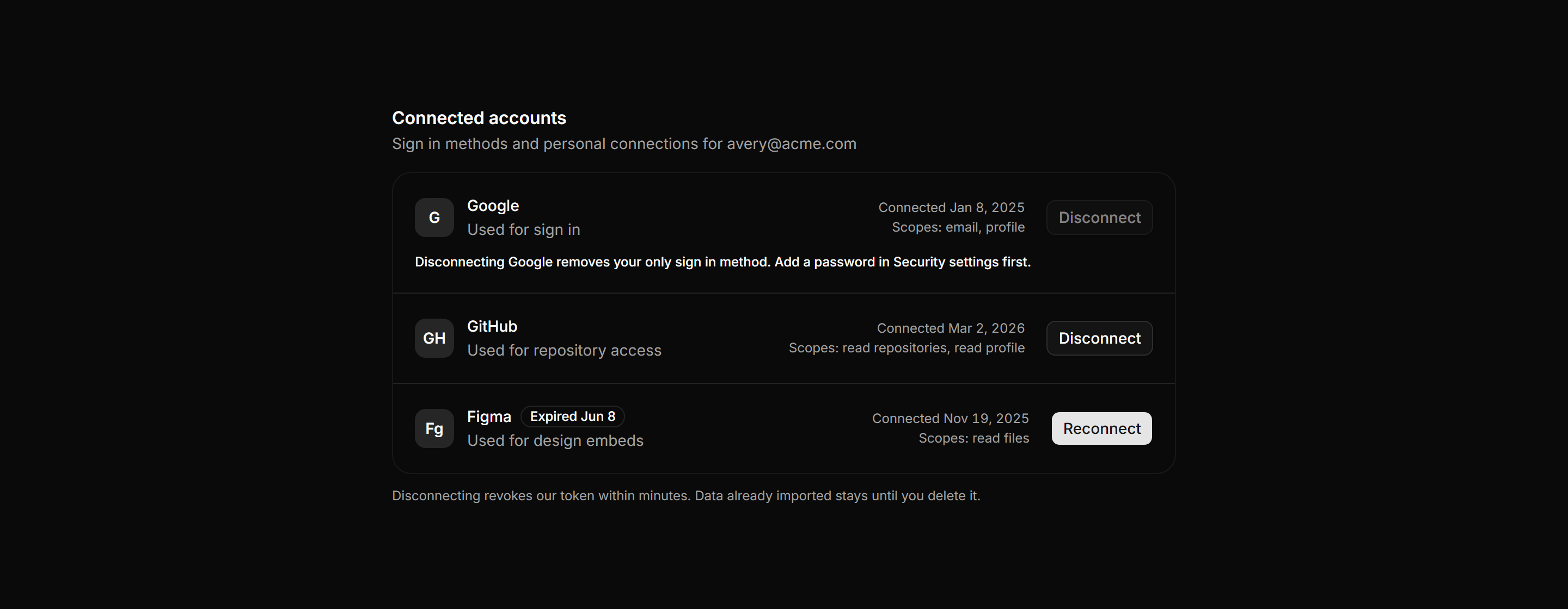 Application Integration: Connected Accounts List