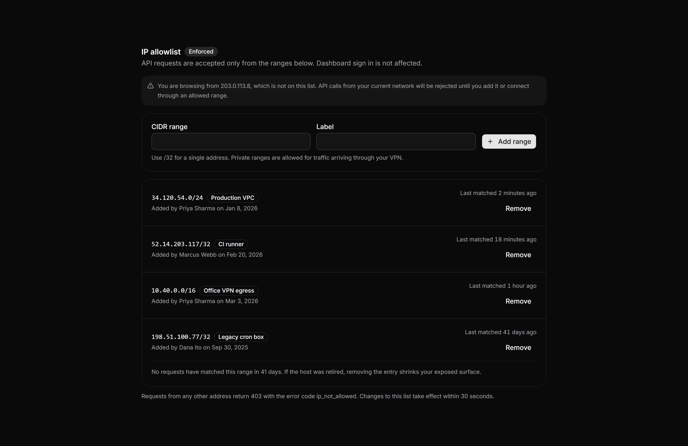 Application Integration: IP Allowlist Panel