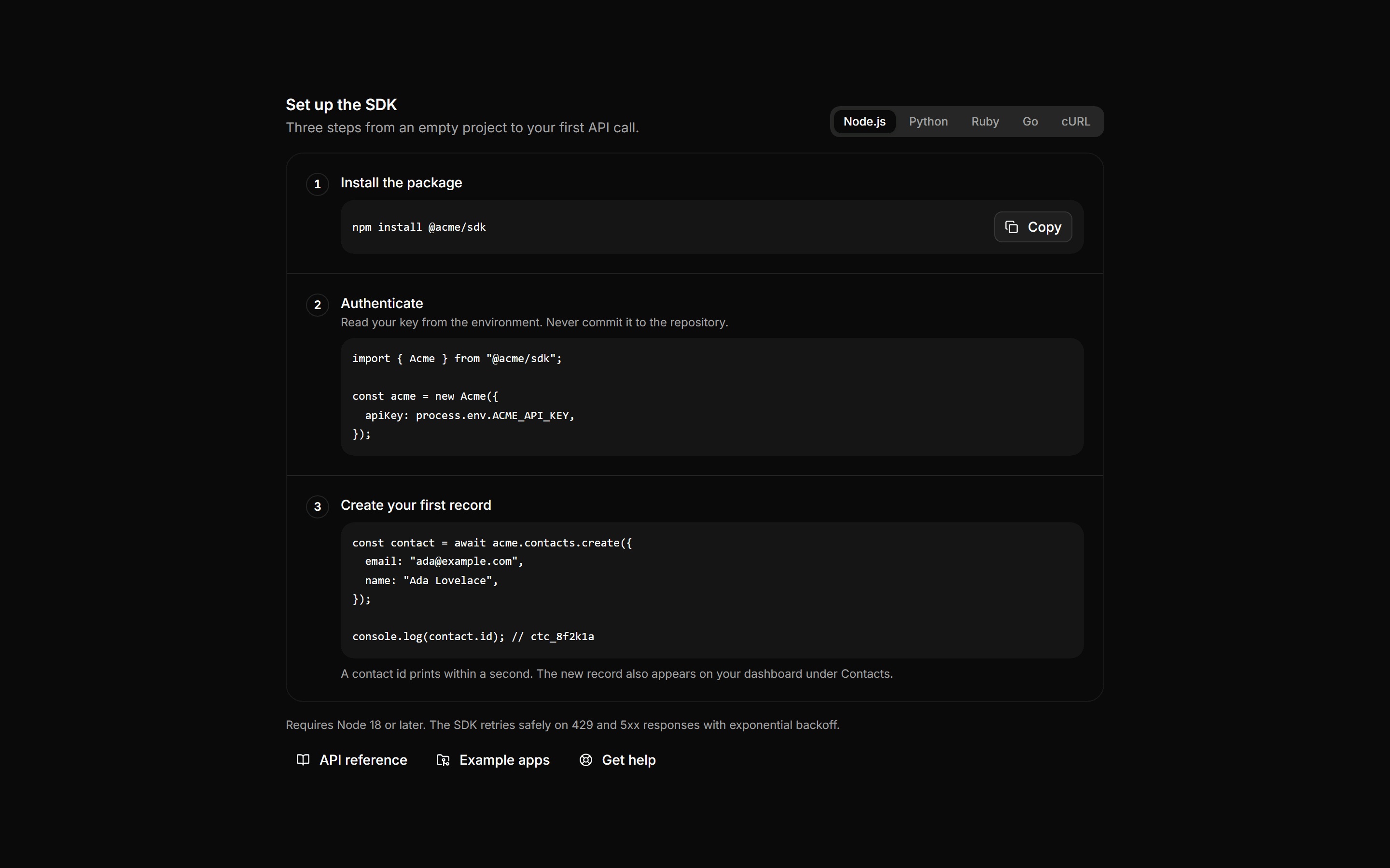 Application Integration: SDK Quickstart Panel
