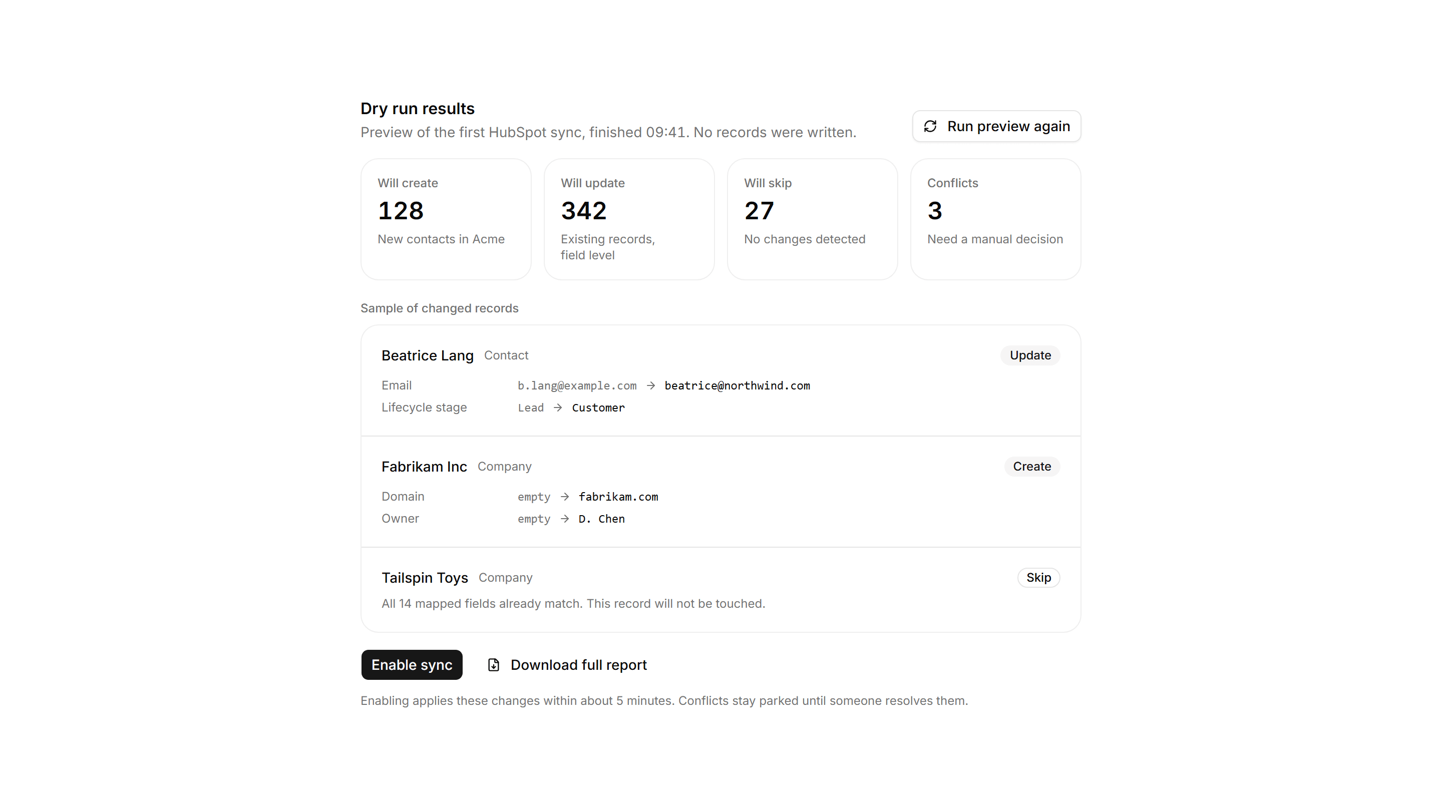 Application Integration: Sync Dry Run Preview