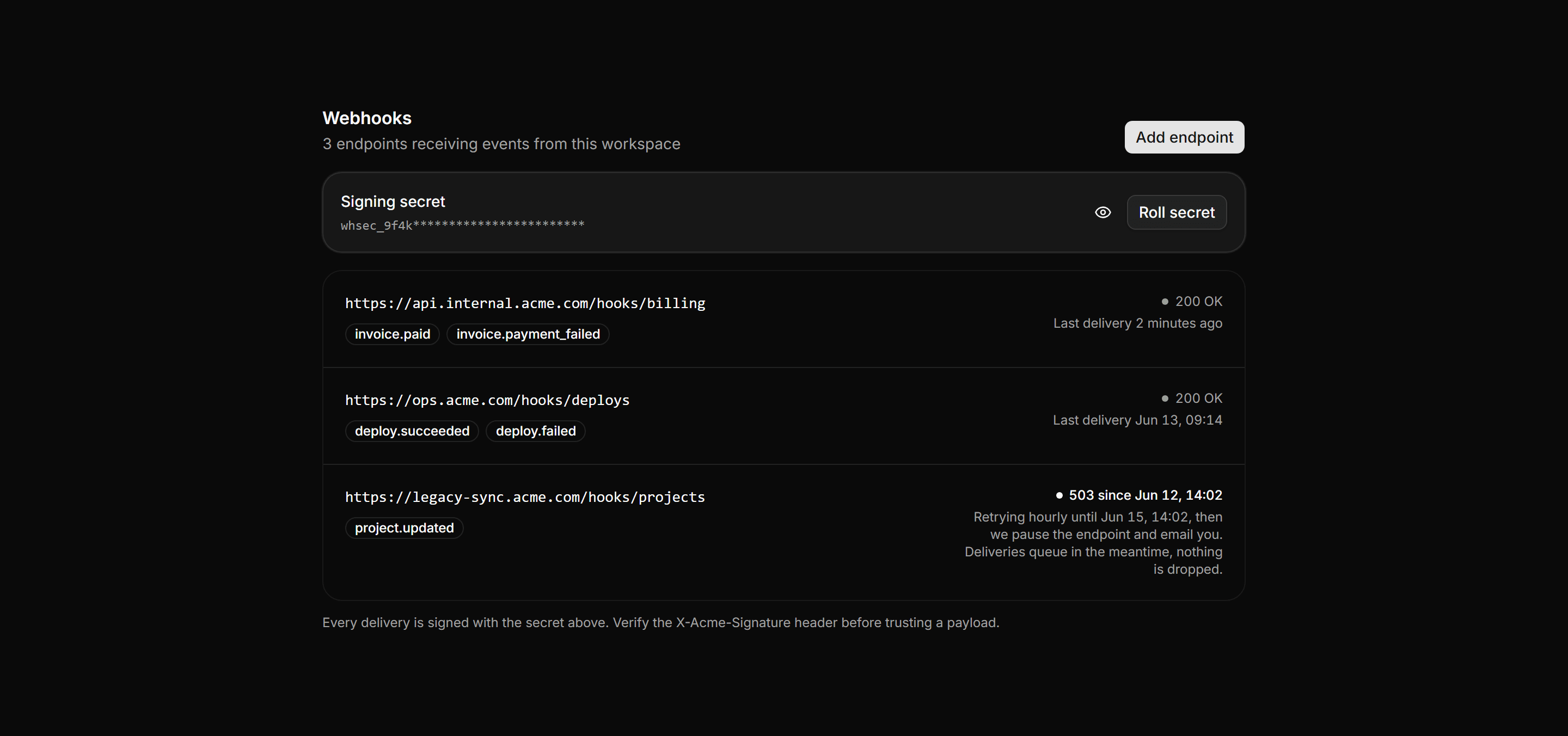Application Integration: Webhook Settings Panel