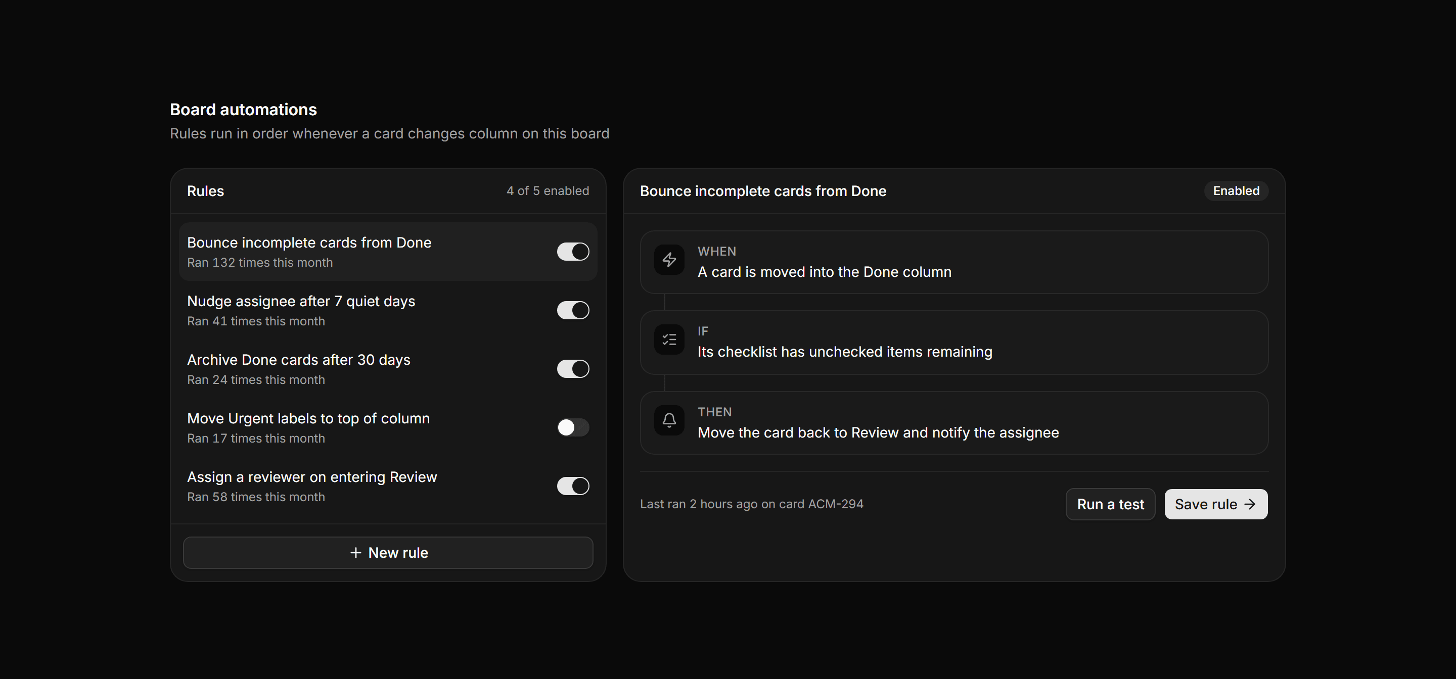 Application Kanban and Board: Board Automation Panel