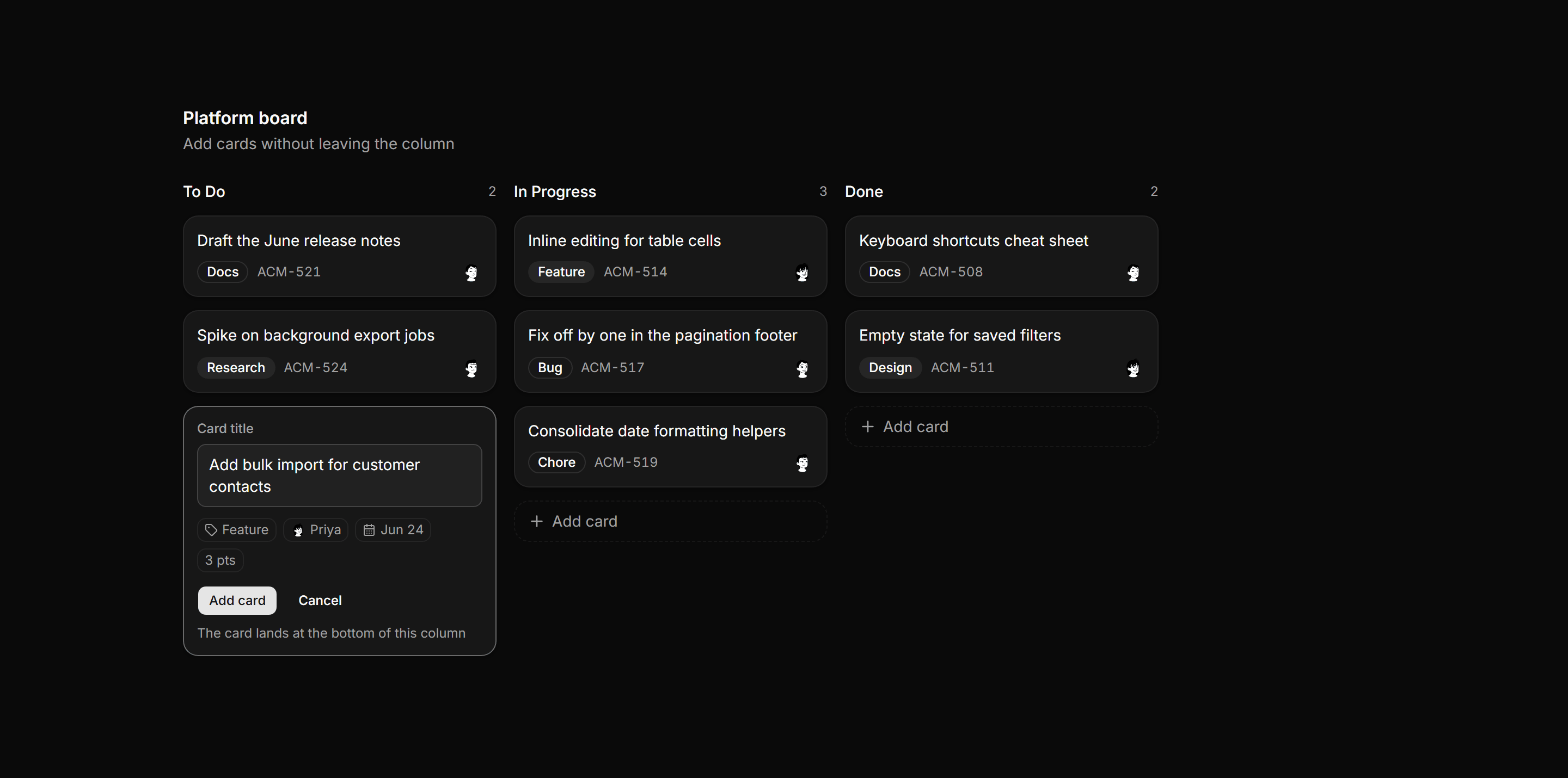 Application Kanban and Board: Card Composer Column