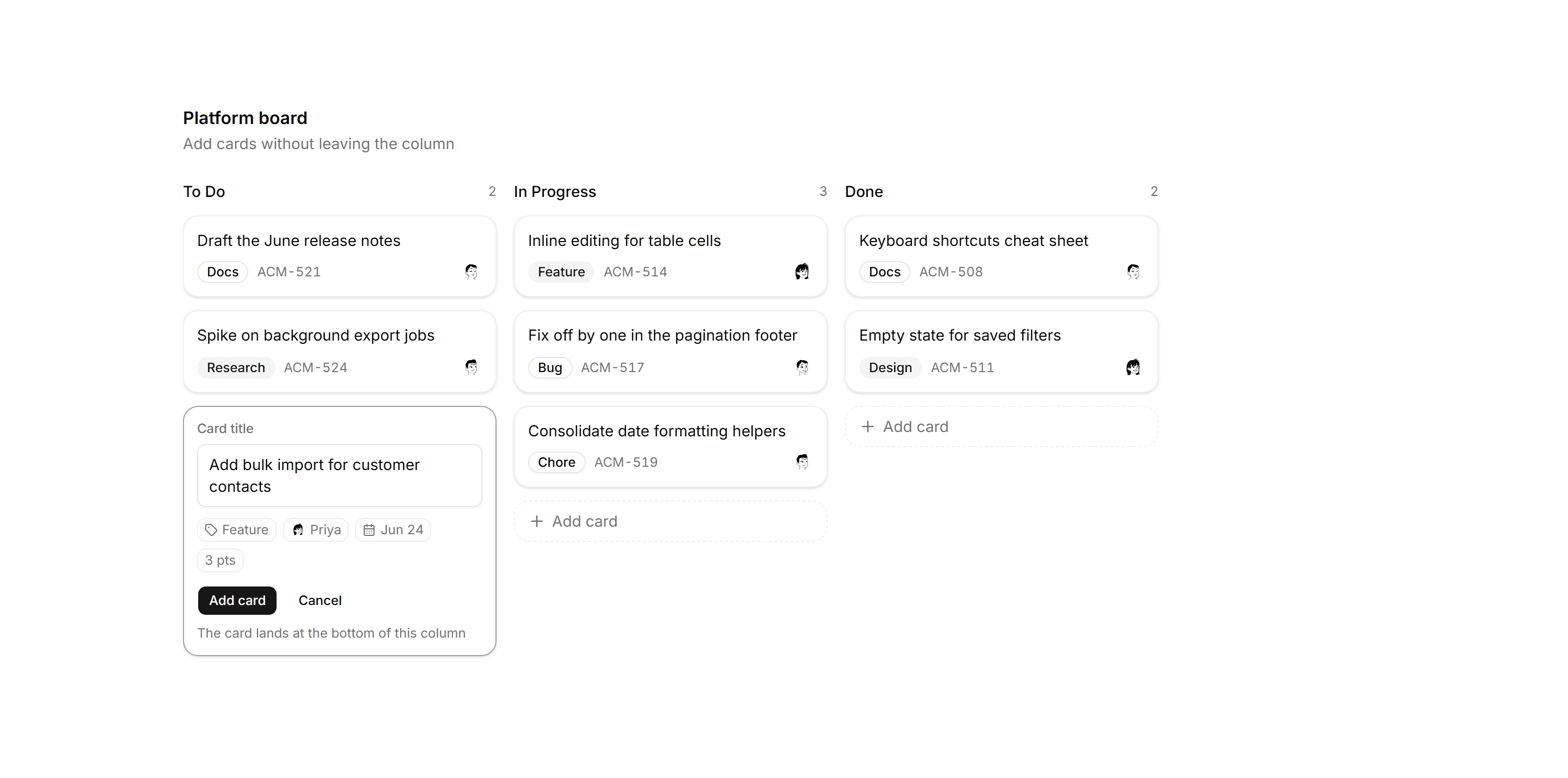 Application Kanban and Board: Card Composer Column