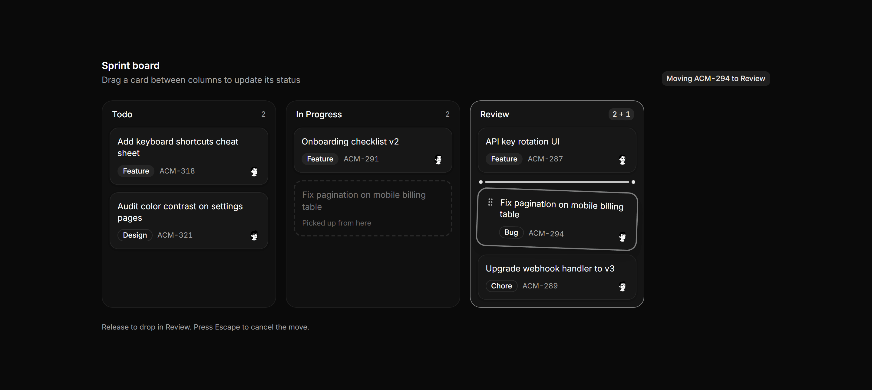 Application Kanban and Board: Drag State Board